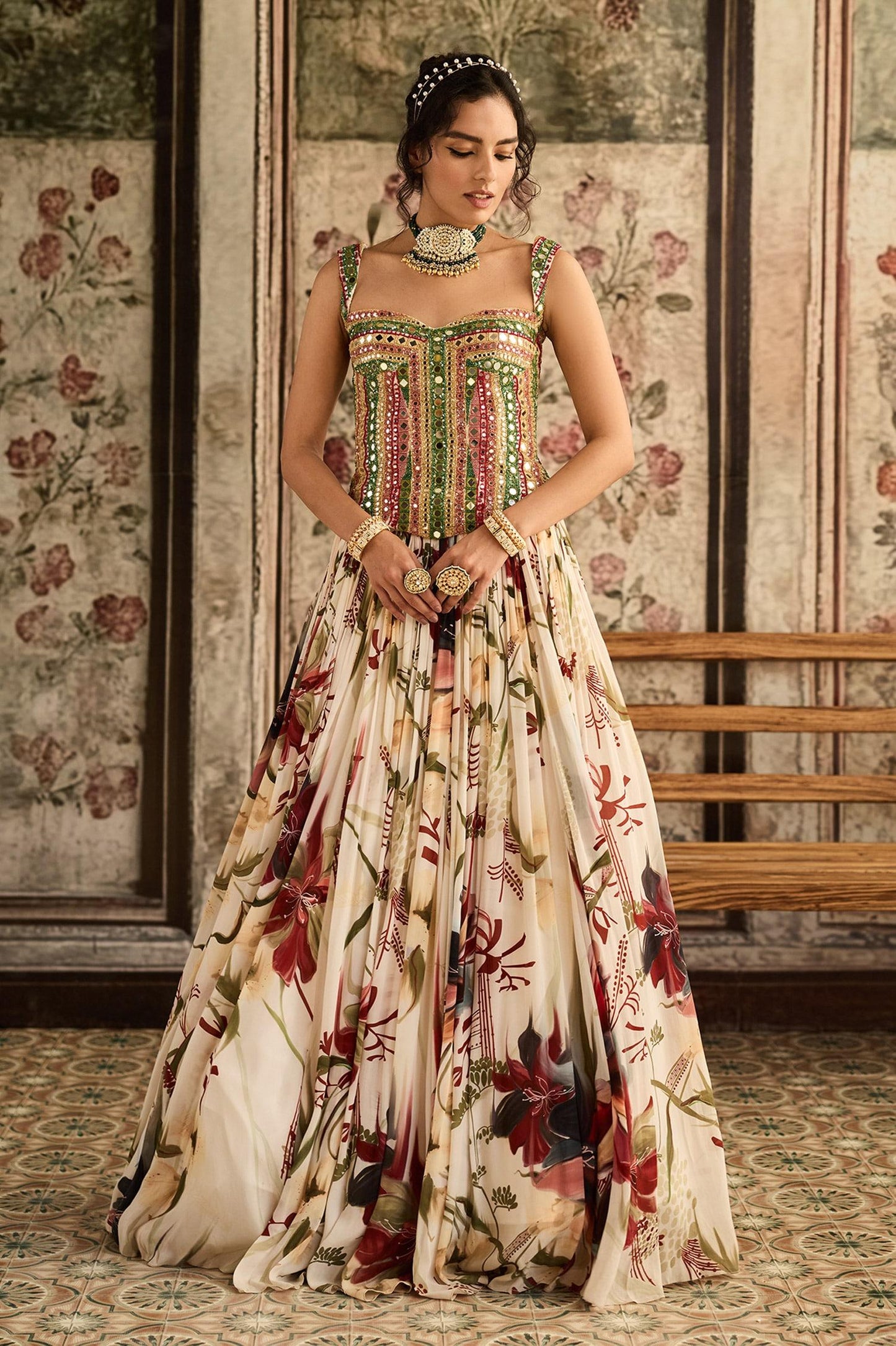 Ivory Tulle, Crepe, Georgette Beads, Sequins Sweetheart Floral Print Lehenga Set - Designer Kurta Set