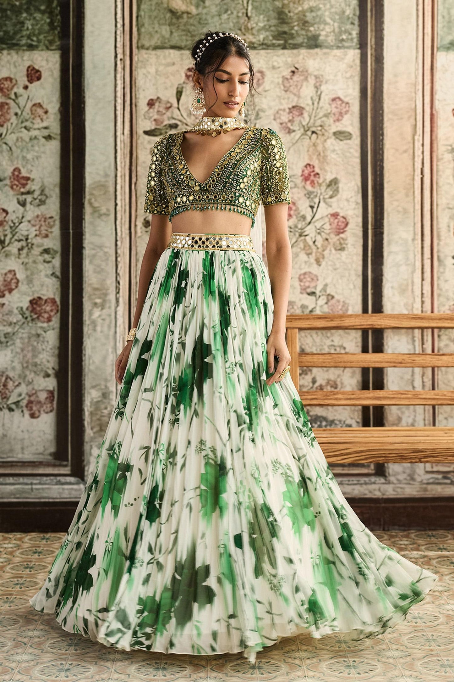 Ivory Tulle, Georgette Beads, Sequins V-neck Green Floral Print Lehenga Set - Designer Kurta Set