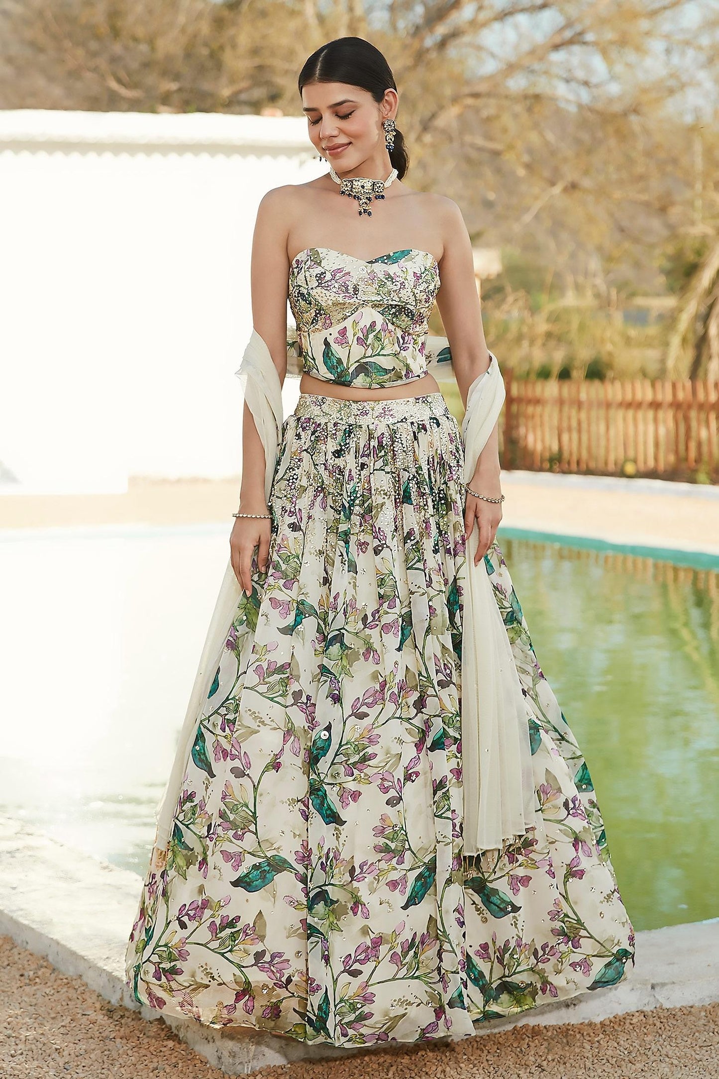 Ivory Viscose, Organza Stones, Embroidery Botanical Print Lehenga Blouse Set - Designer Kurta Set