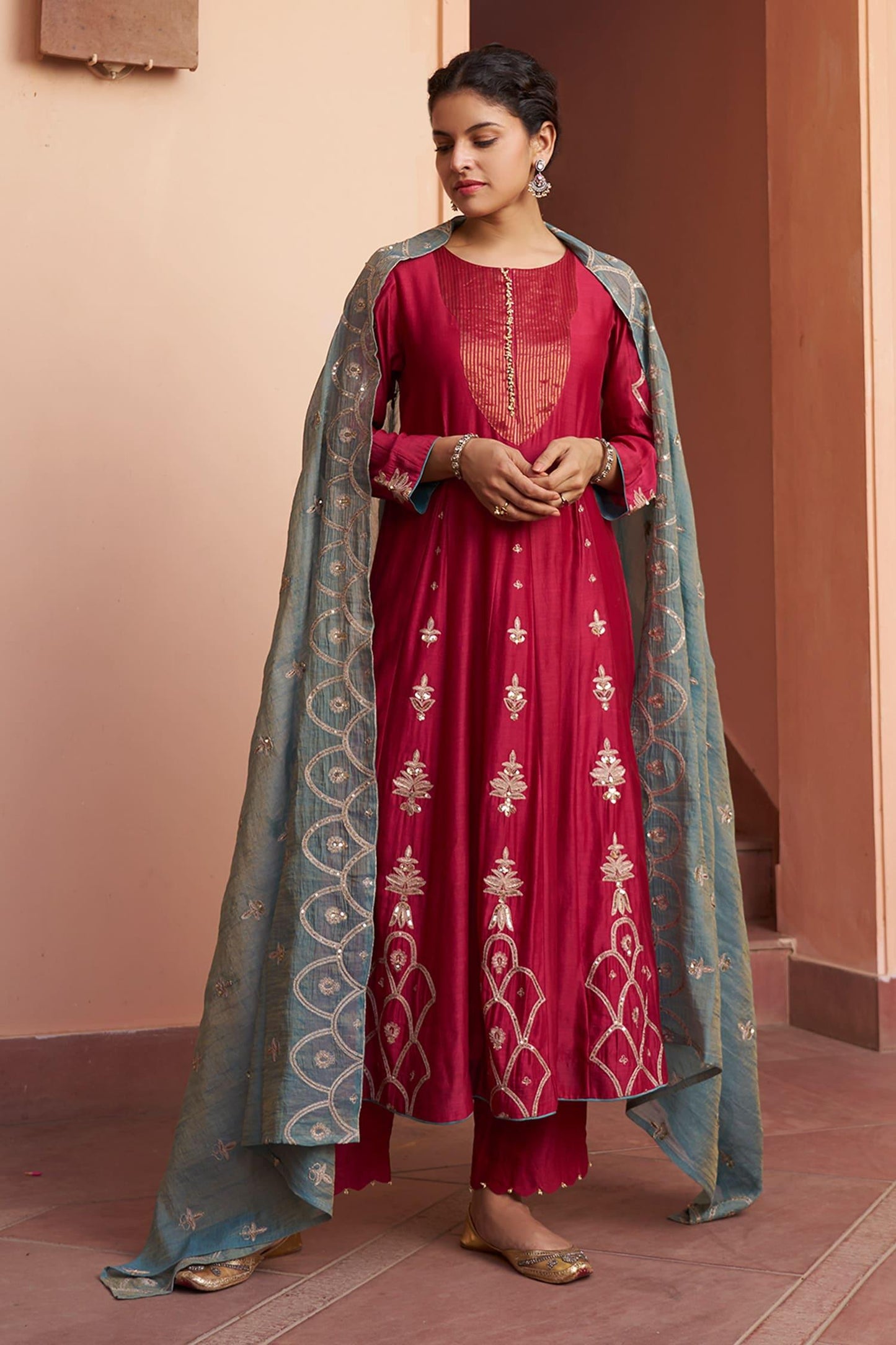 Magenta Chanderi, Tissue Pearls, Sequins Round Flower Embroidered Anarkali Set - Designer Kurta Set