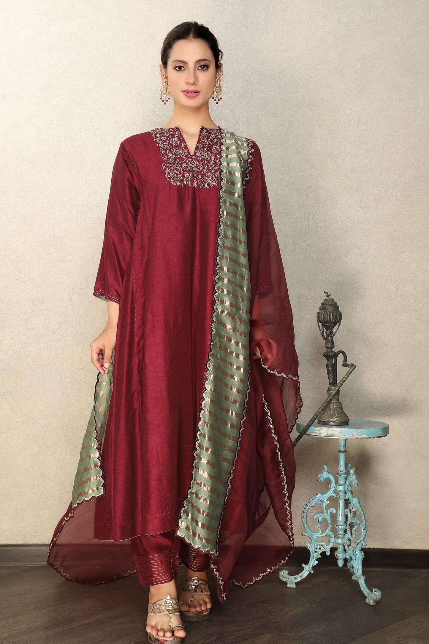Maroon Anarkali And Pant Viscose & Dupatta Organza Placement Embroidered Set - Designer Kurta Set