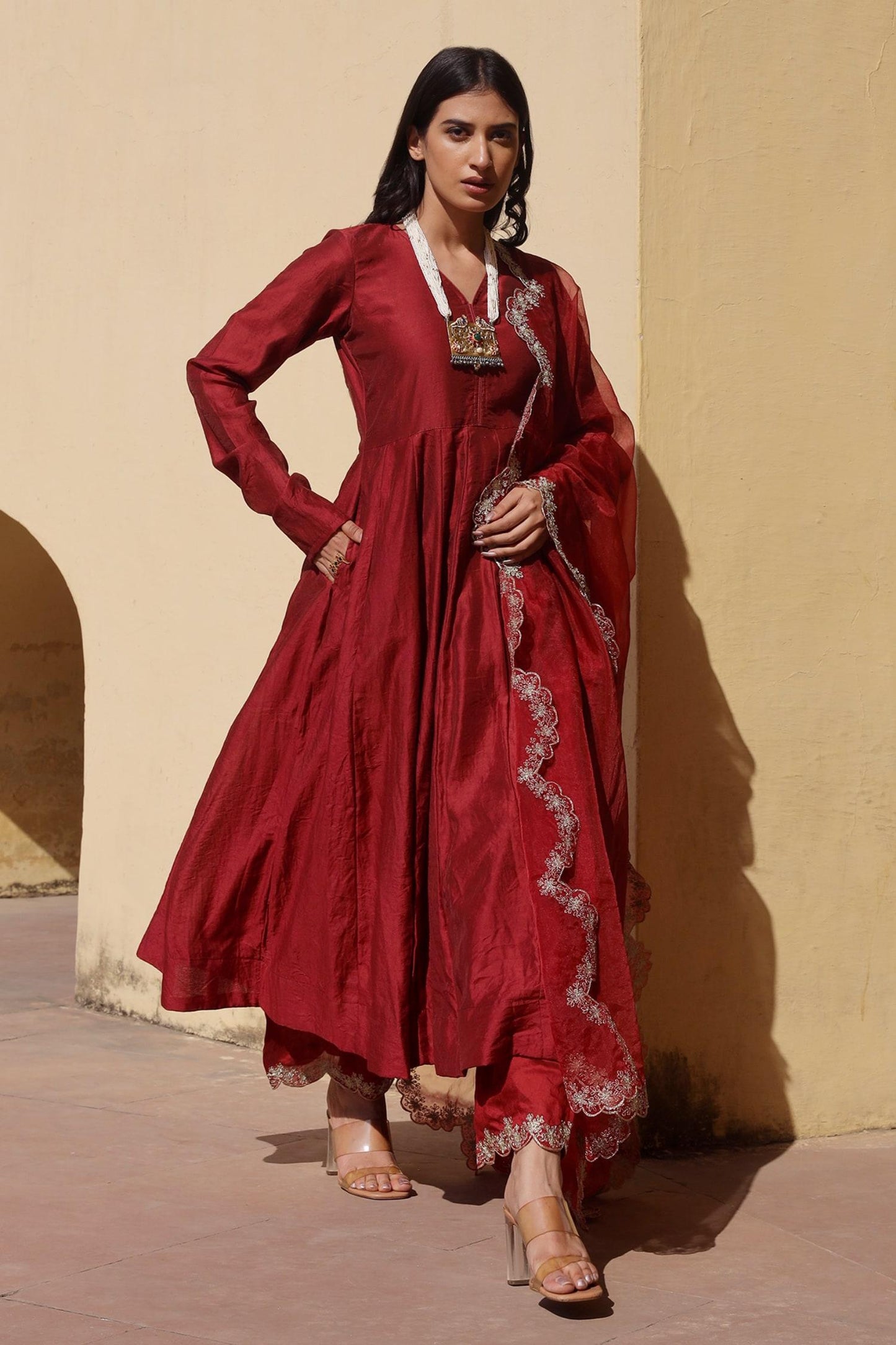 Maroon Chanderi Embroidery, Applique V-neck Anarkali Set With Aari Dupatta - Designer Kurta Set