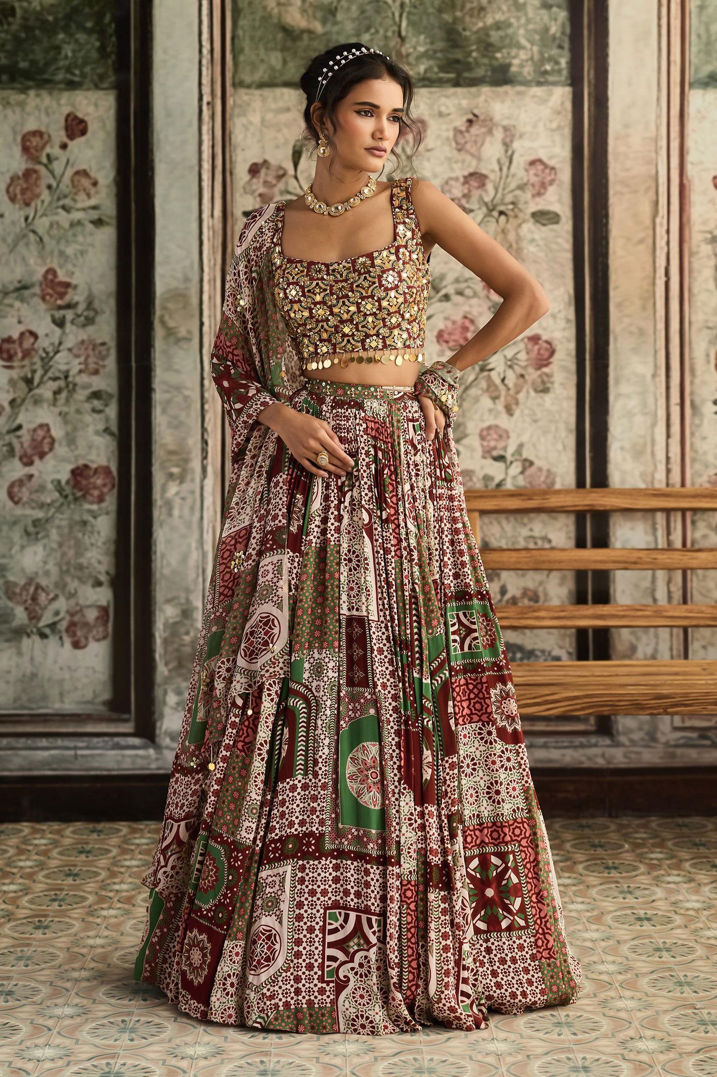 Maroon Crepe, Georgette Embroidery, Sequins, Designer Sage Green And Lehenga Set - Designer Kurta Set