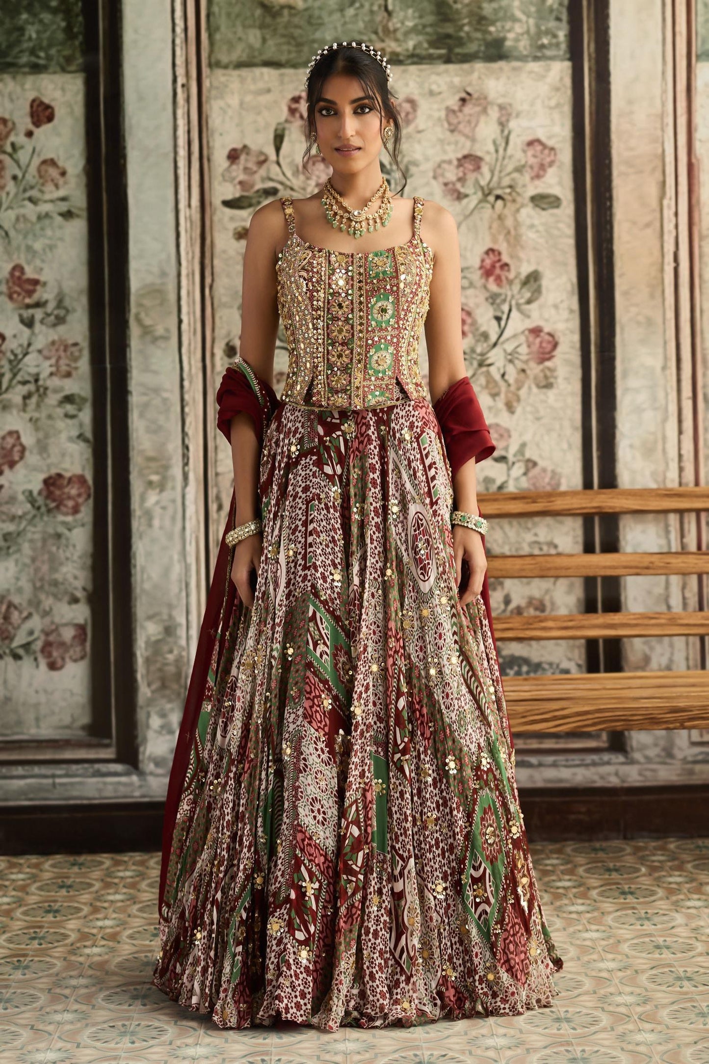 Maroon Crepe, Georgette, Organza Sequins, Sage Green And Designer Lehenga Set - Designer Kurta Set