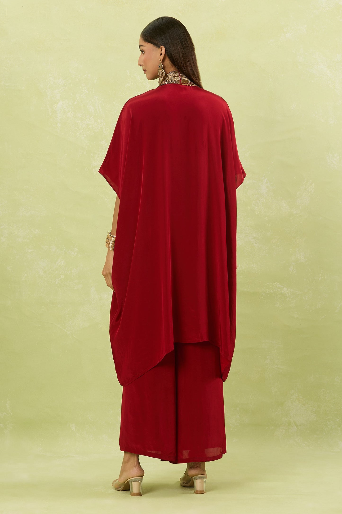 Maroon Crepe Tassels Collared Sequin Embroidered Yoke Kaftan Set