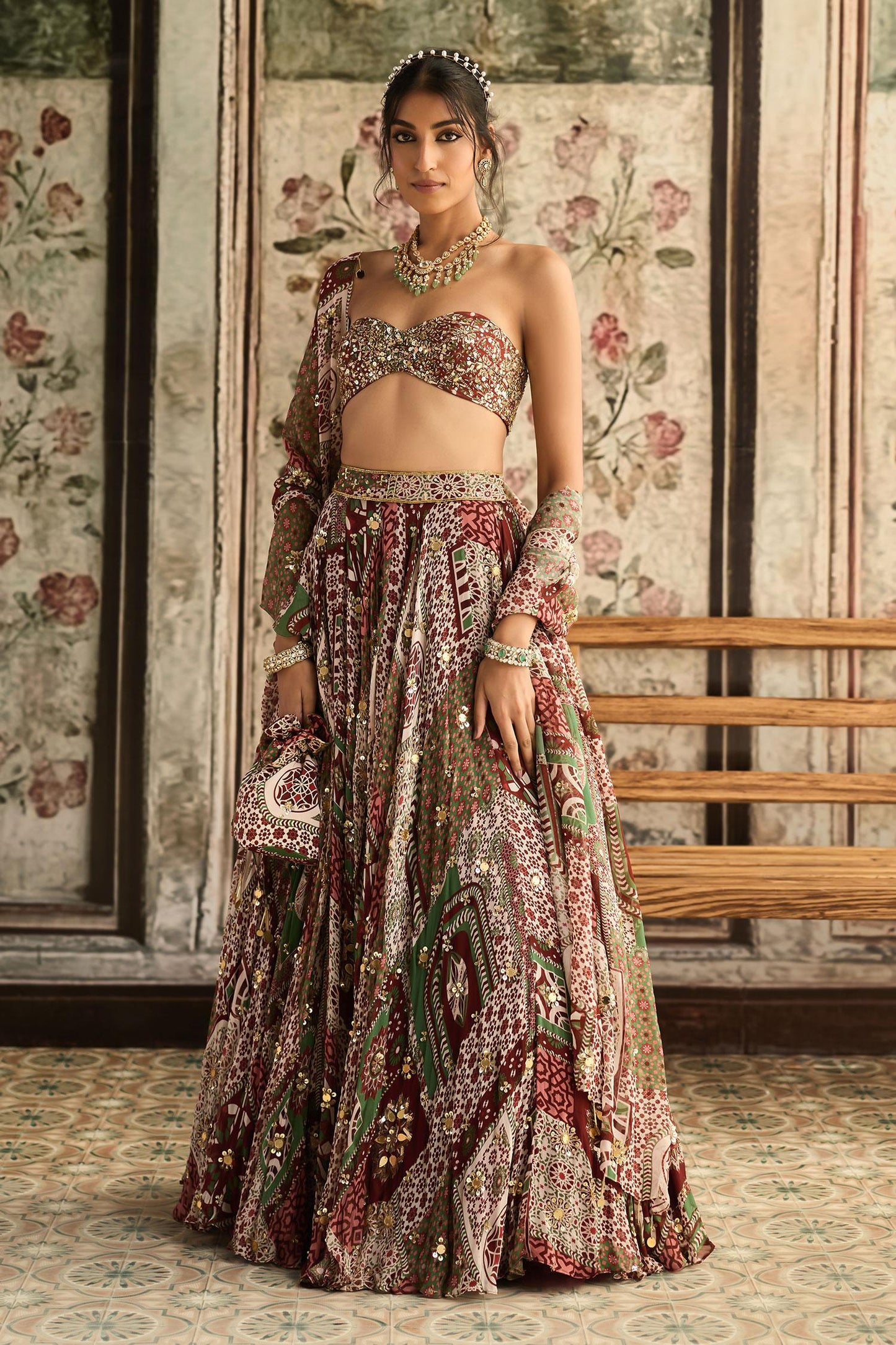 Maroon Georgette, Crepe Sequins, Embroidery Sage Green And Designer Lehenga Set - Designer Kurta Set