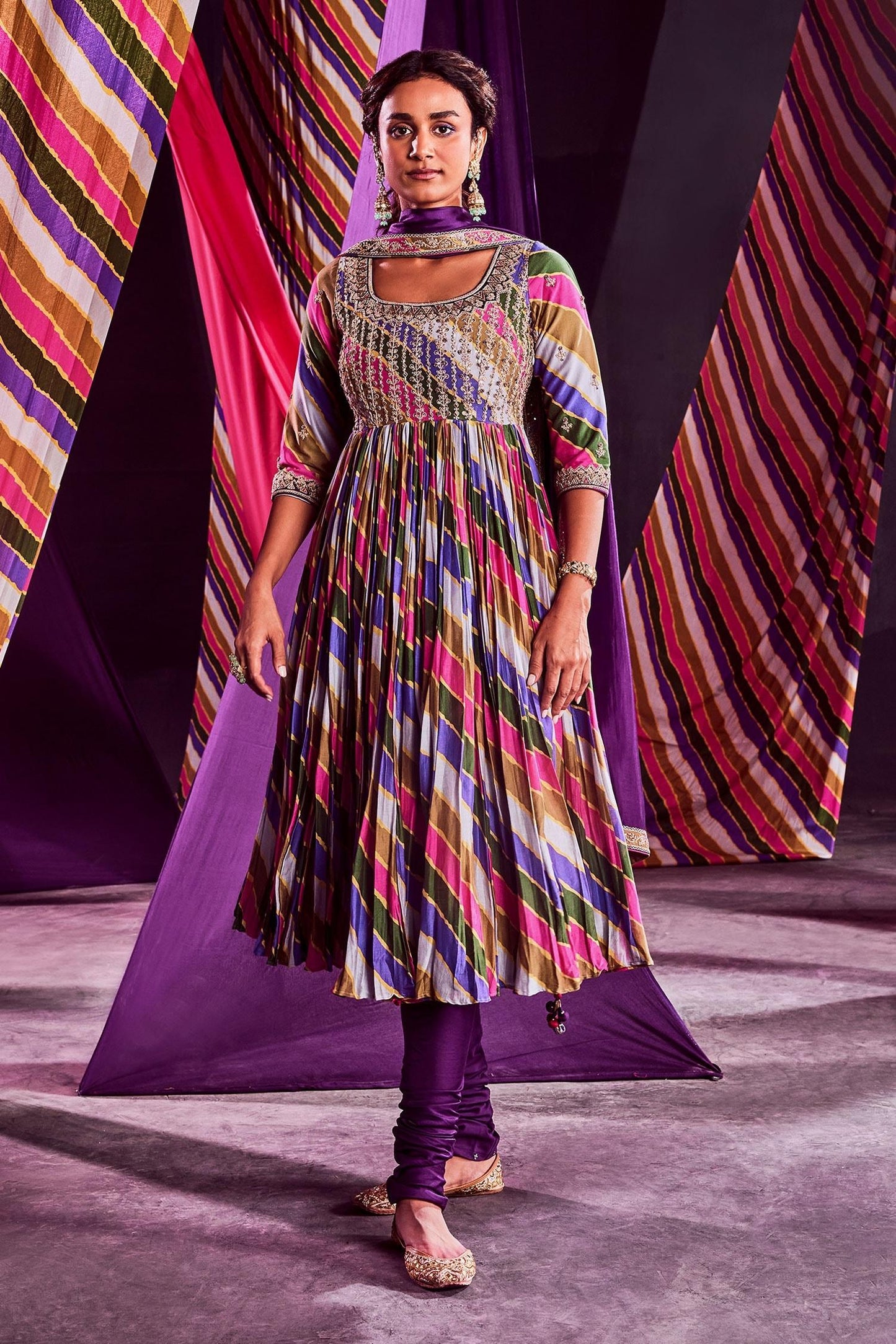 Multi Color Chanderi And Organza Stripe, Zardozi & Print Anarkali Set - Designer Kurta Set