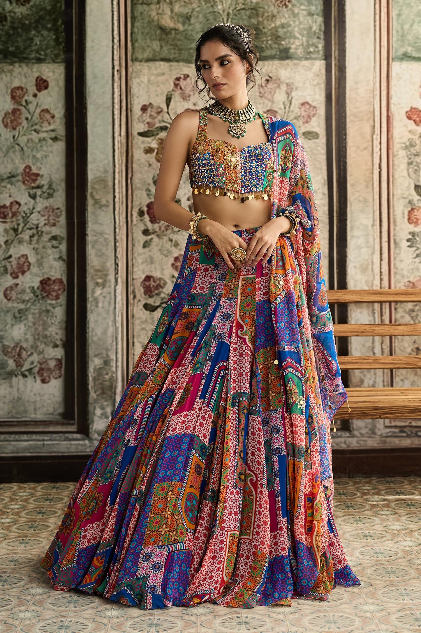 Multi Color Crepe, Georgette Beads, Sequins Sweetheart Neck Printed Lehenga Set - Designer Kurta Set