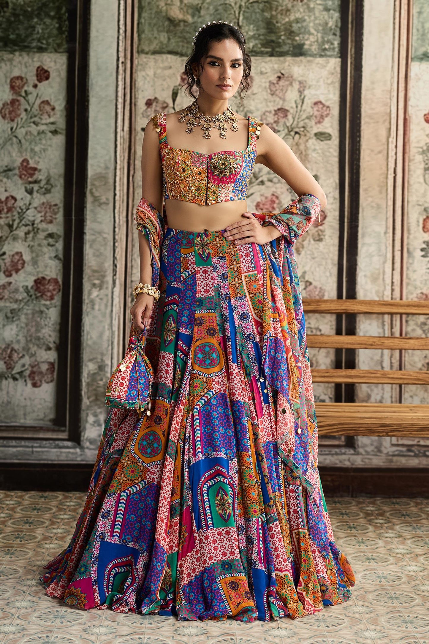 Multi Color Crepe, Georgette Sequins, Beads, Embroidery Printed Lehenga Set - Designer Kurta Set