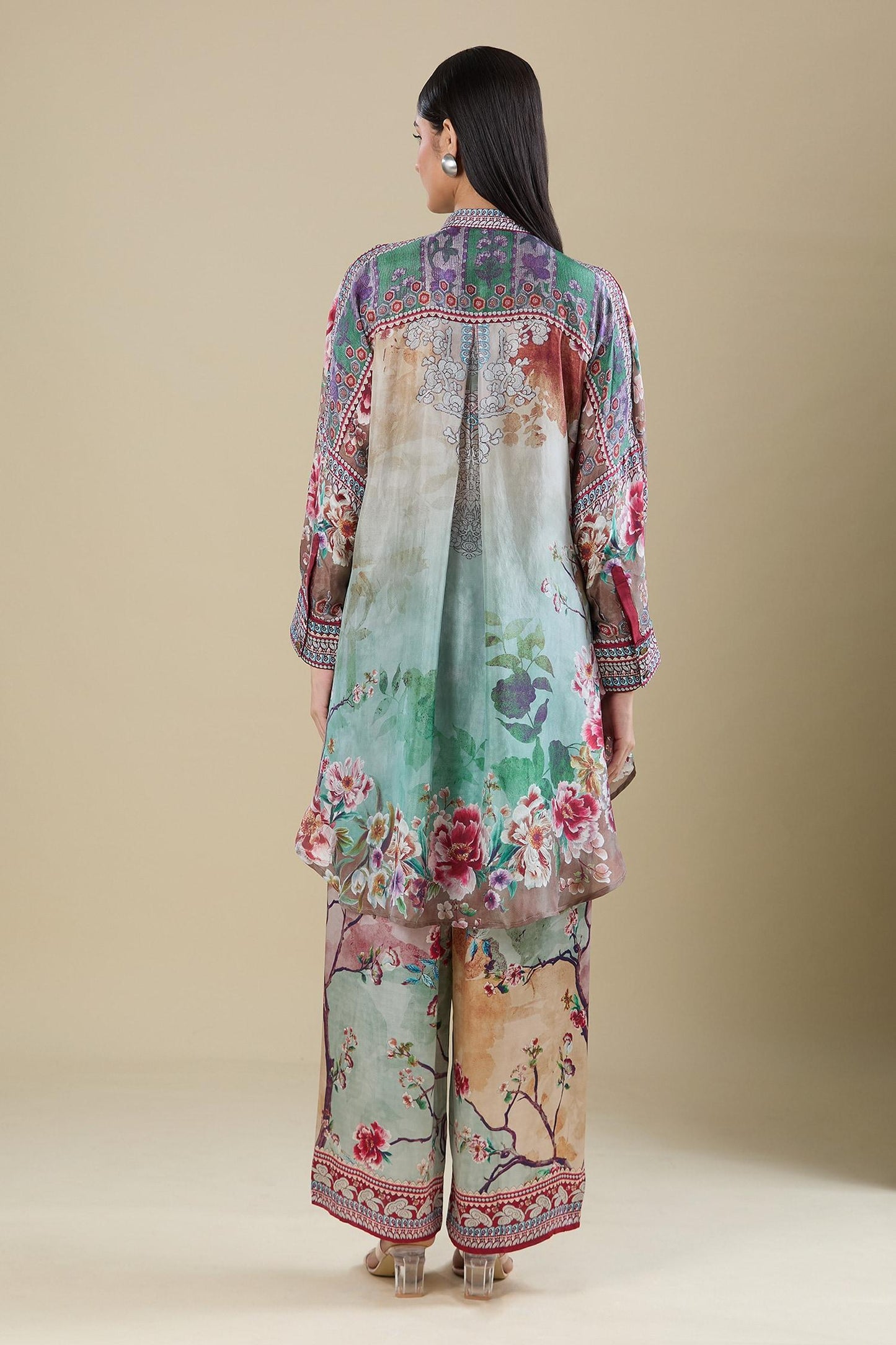 Multi Color Embroidery Mandarin Collar Printed Kaftan Shirt Tunic