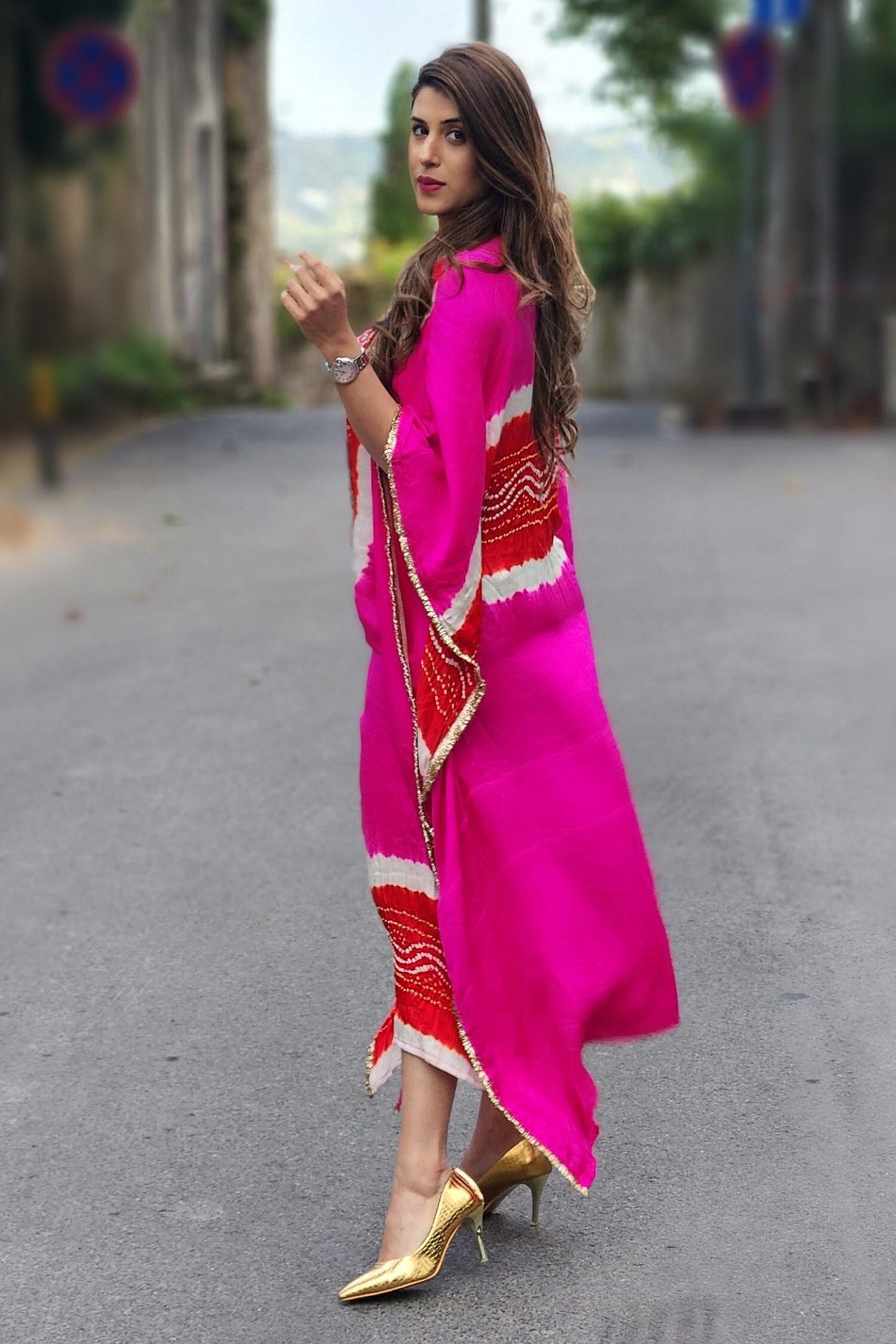 Multi Color Gabardine Embroidery Boat Neck Bandhani Kaftan