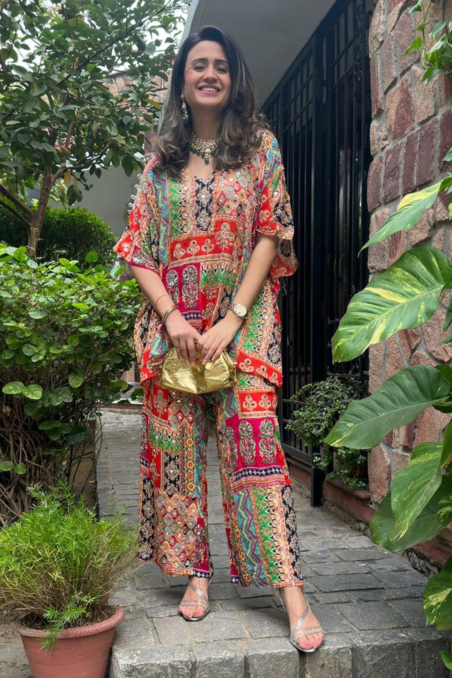 Multi Color Georgette Embroidery, Glitter V-neck Asymmetric Patchwork Kaftan Set - Designer Kurta Set