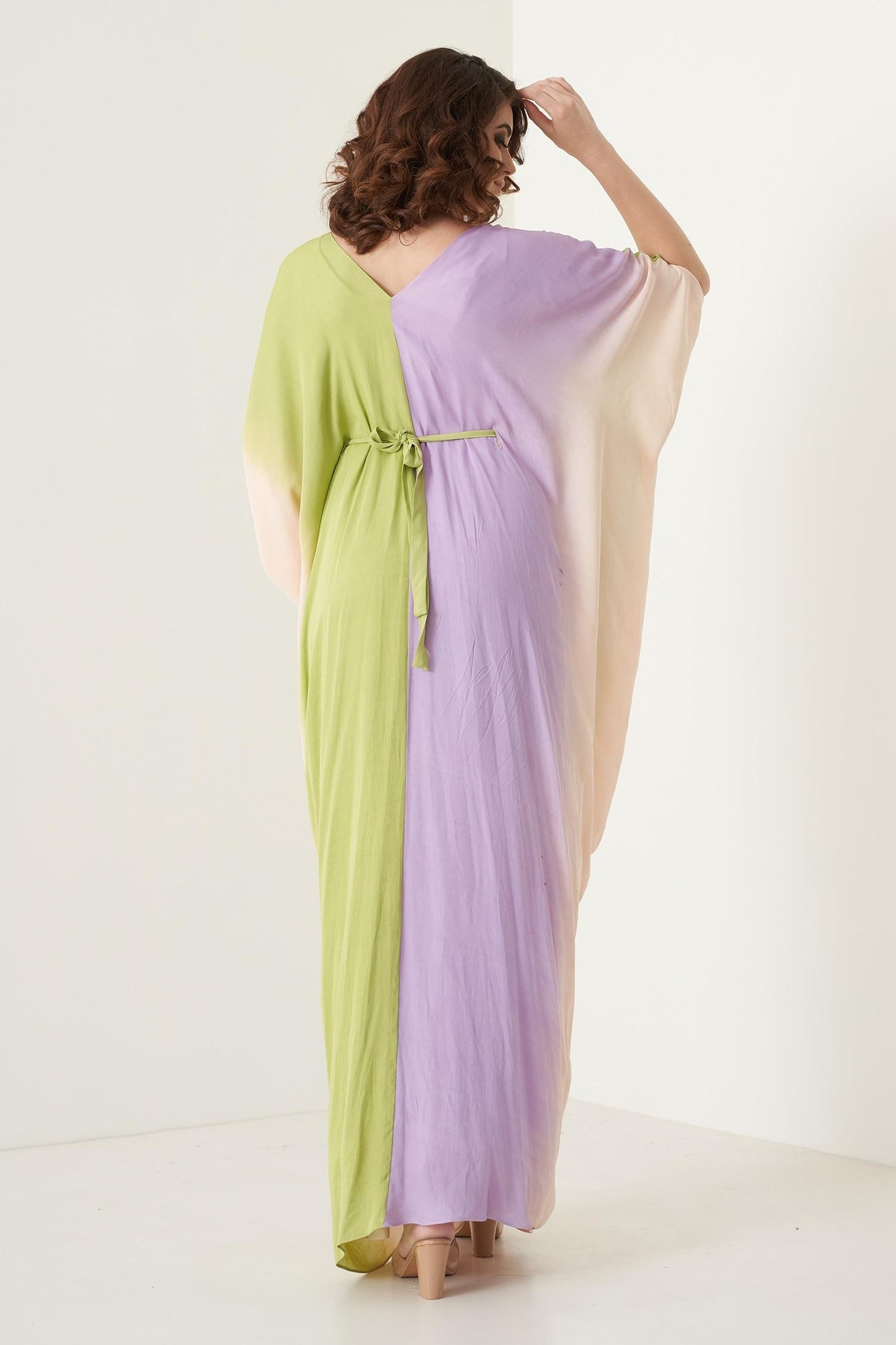 Multi Color Modal Satin Floral, Stone, Shell V Neck Ombre Kaftan