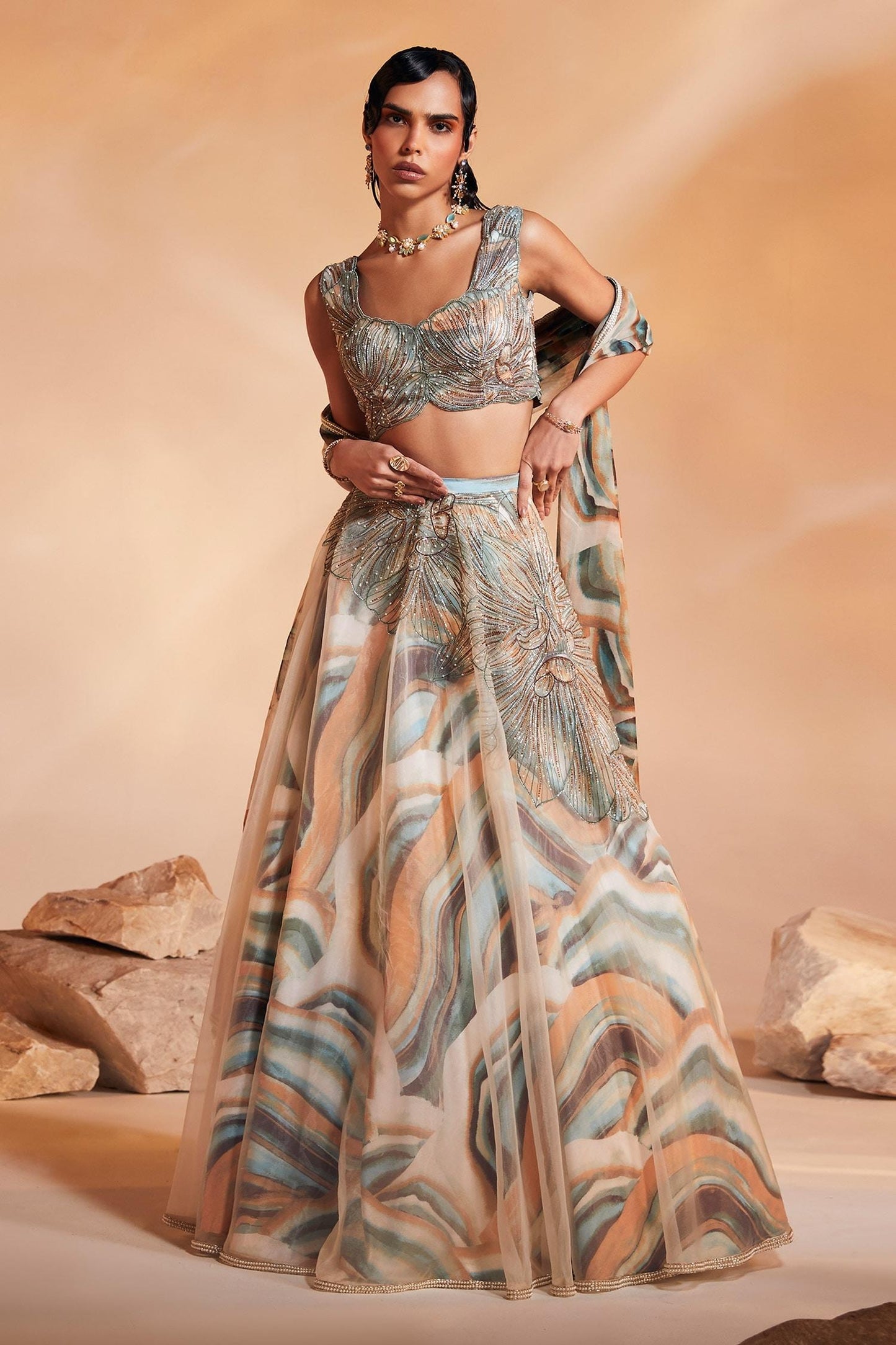 Multi Color Organza Print And Embroidery Abstract Ivy Embellished Lehenga Set - Designer Kurta Set