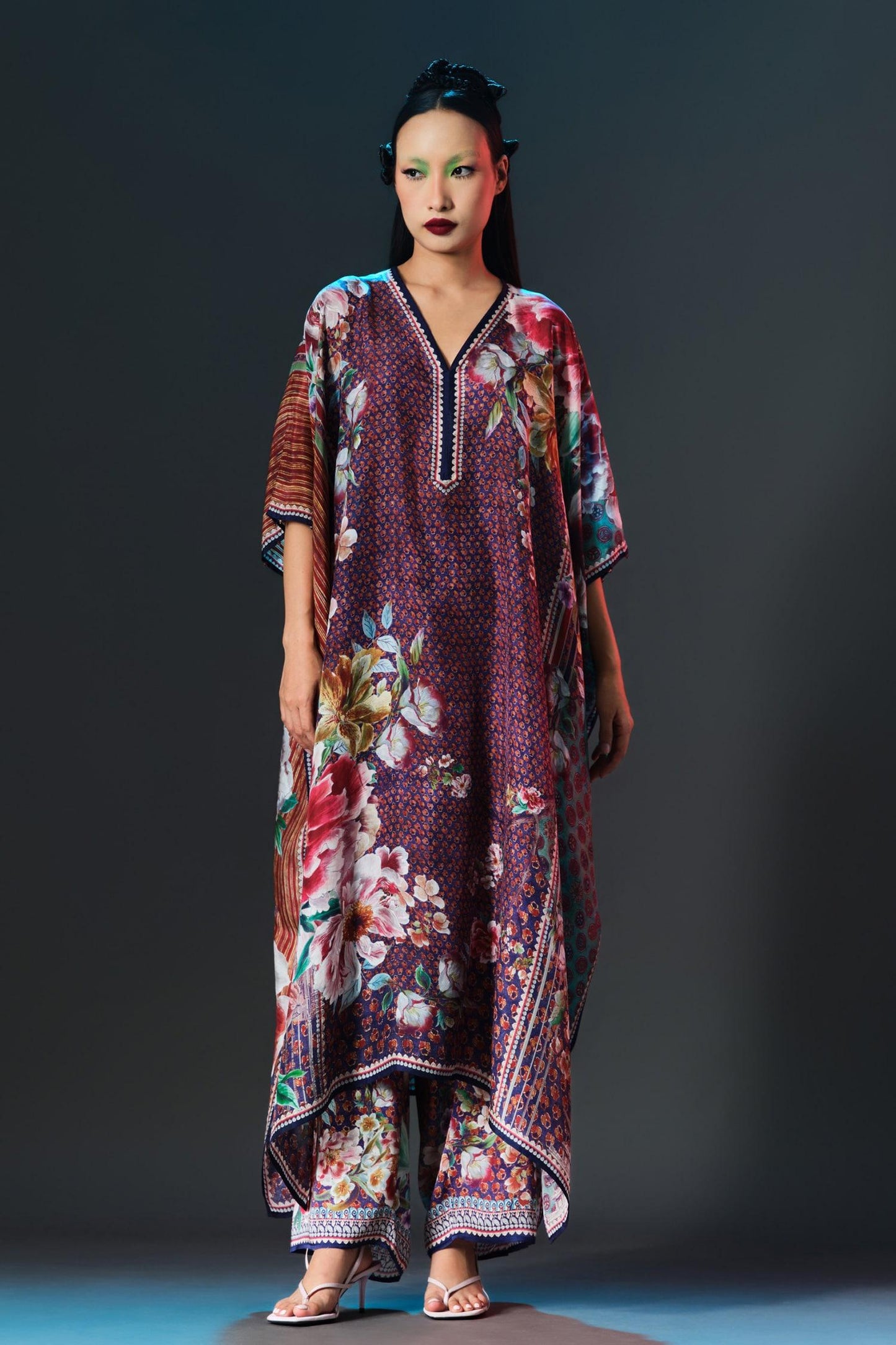 Multi Color Silk V-neck Kaliza V Floral - Designer Kurta Set