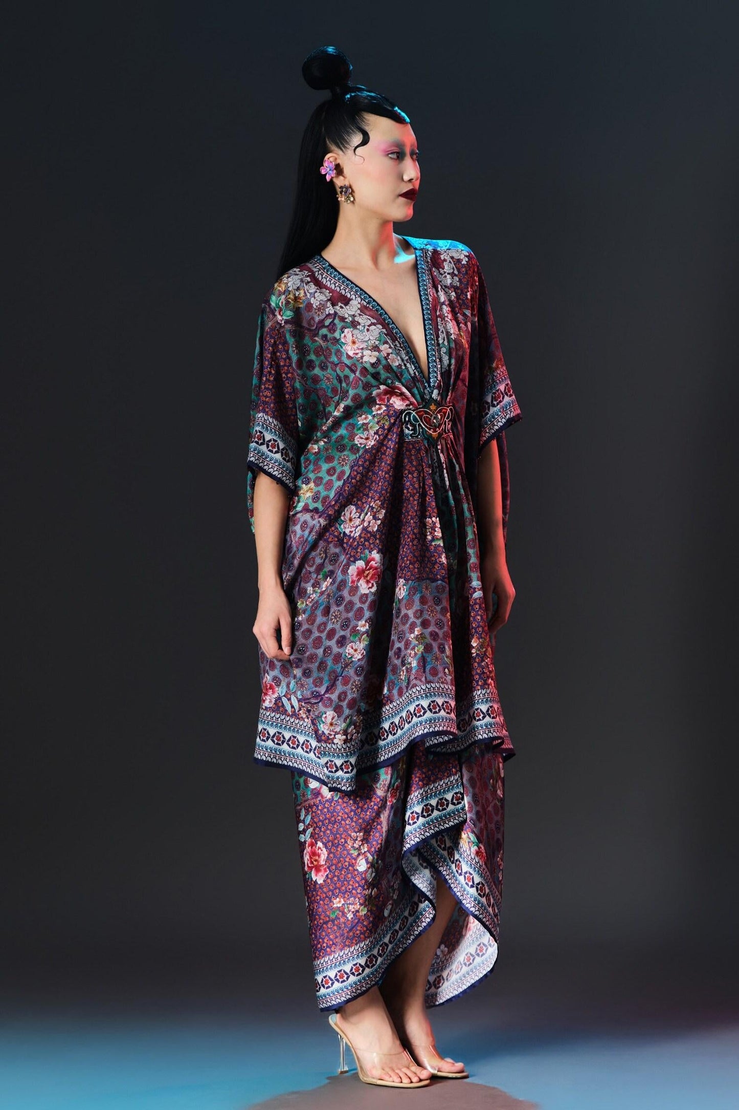 Multi Color Silk V-neck Maya Print Designer - Designer Kurta Set