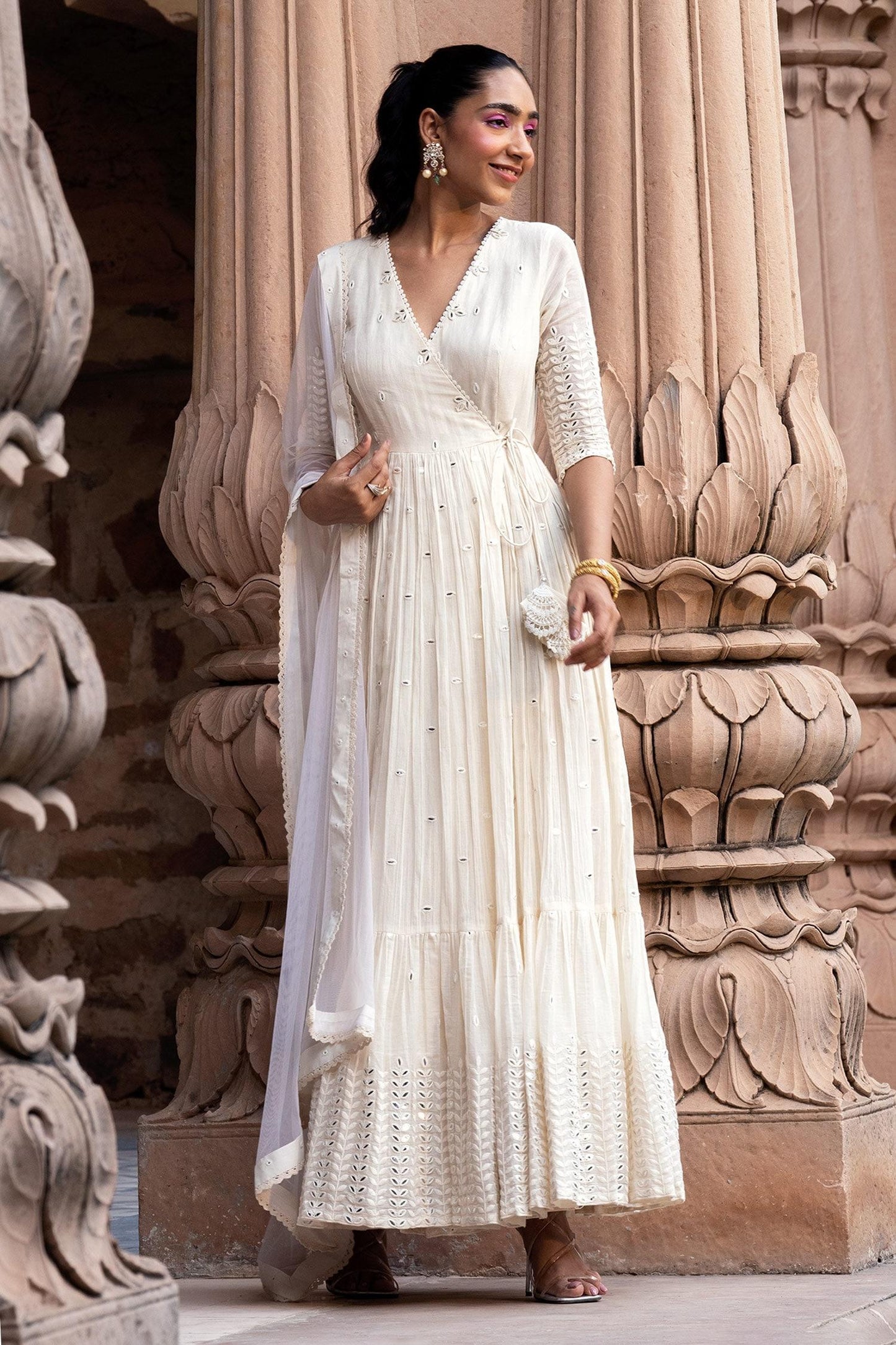 Off White Cotton, Tulle, Net Embroidery, Lace Angrakha Anarkali With Dupatta - Designer Kurta Set
