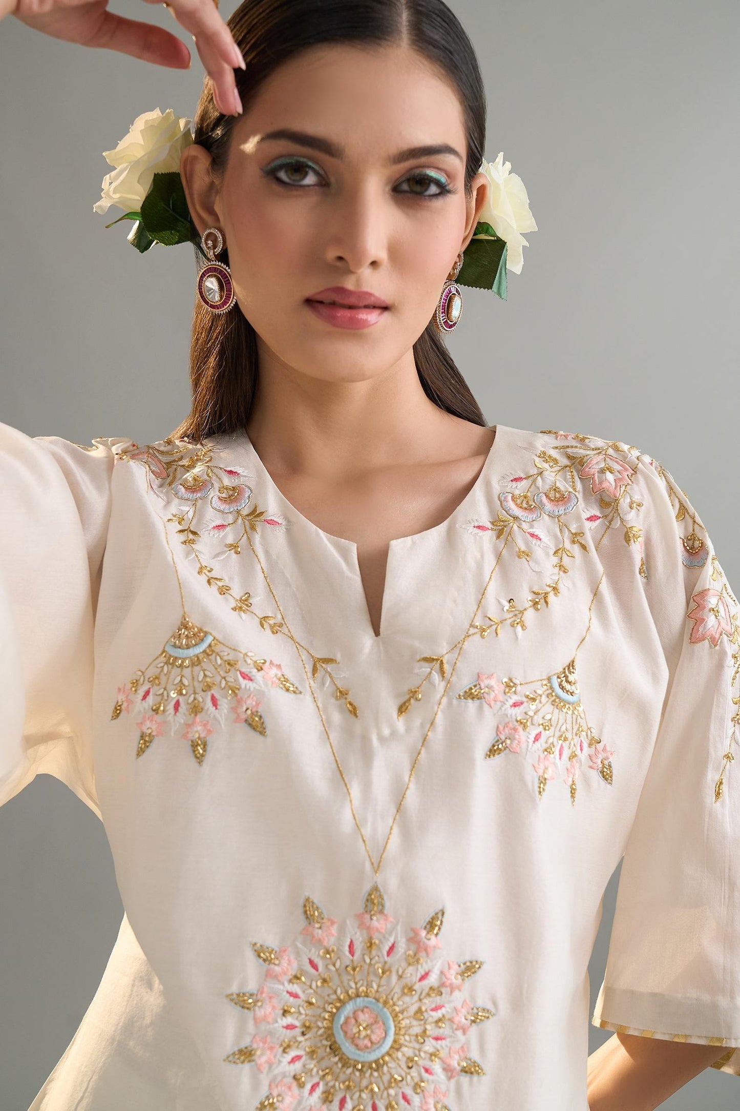 Off White Silk, Silk, Sequins, Embroidery Kaftan And Pant Set - Designer Kurta Set