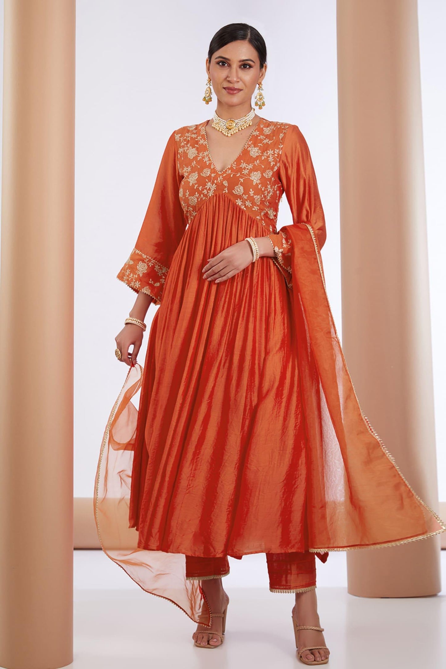 Orange Chanderi Silk, Organza, Linen Embroidery, Floral Anarkali Pant Set - Designer Kurta Set