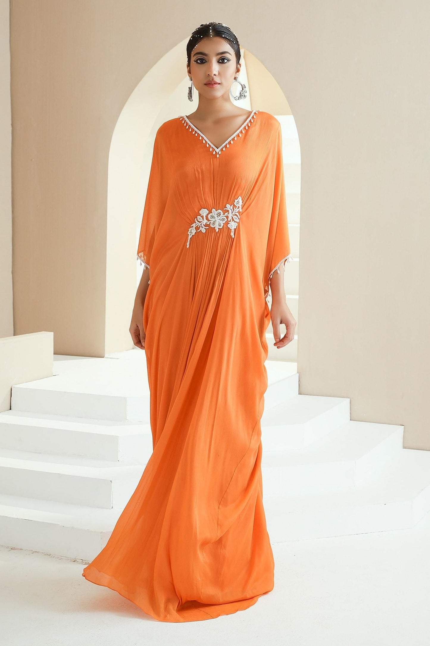 Orange Chiffon, Lining Satin Pearls, Glass Floral Placement Embellished Kaftan - Designer Kurta Set