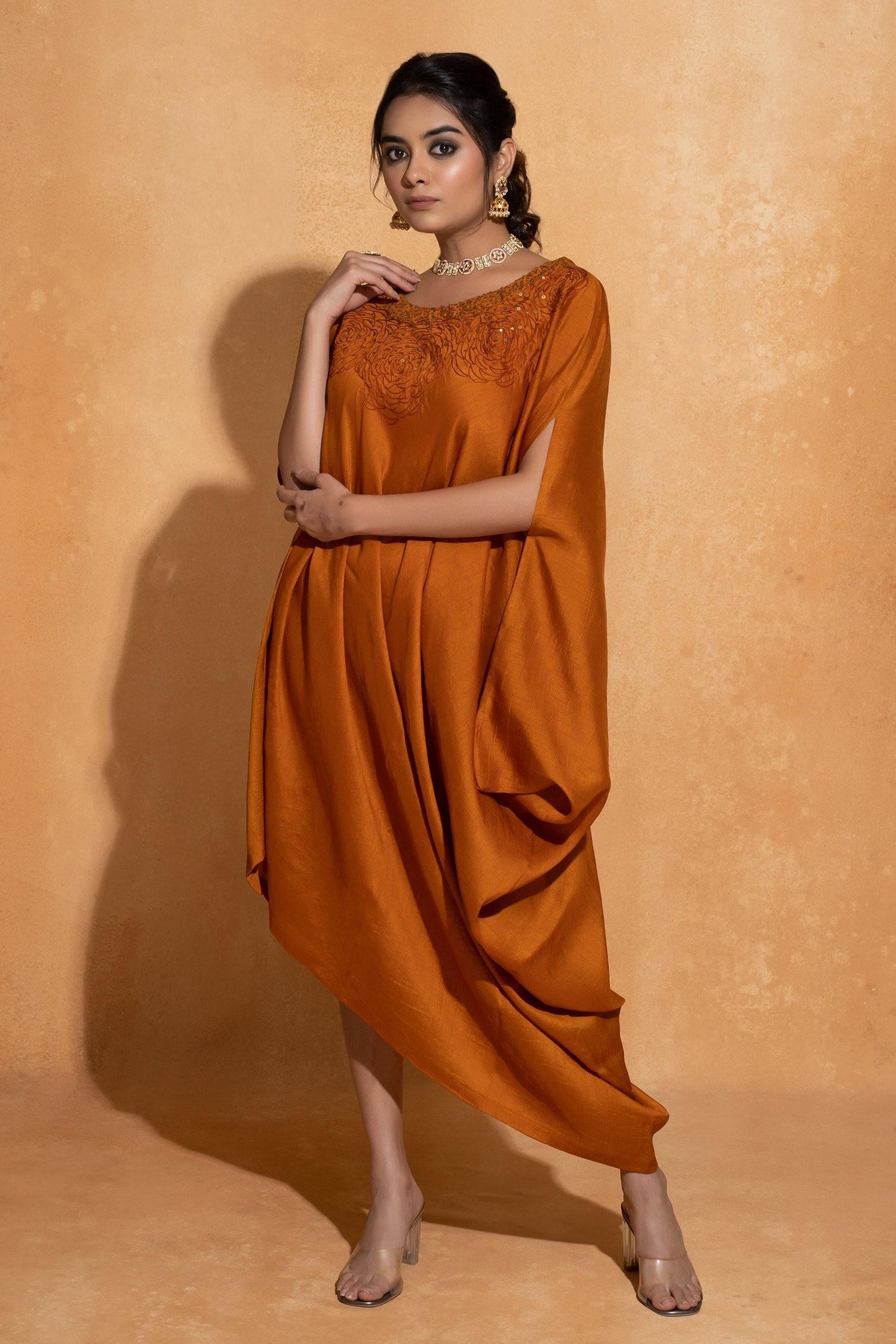 Orange Dupian Silk Hand Embroidery Rosette Round Neck Bloom Yoke Kaftan - Designer Kurta Set