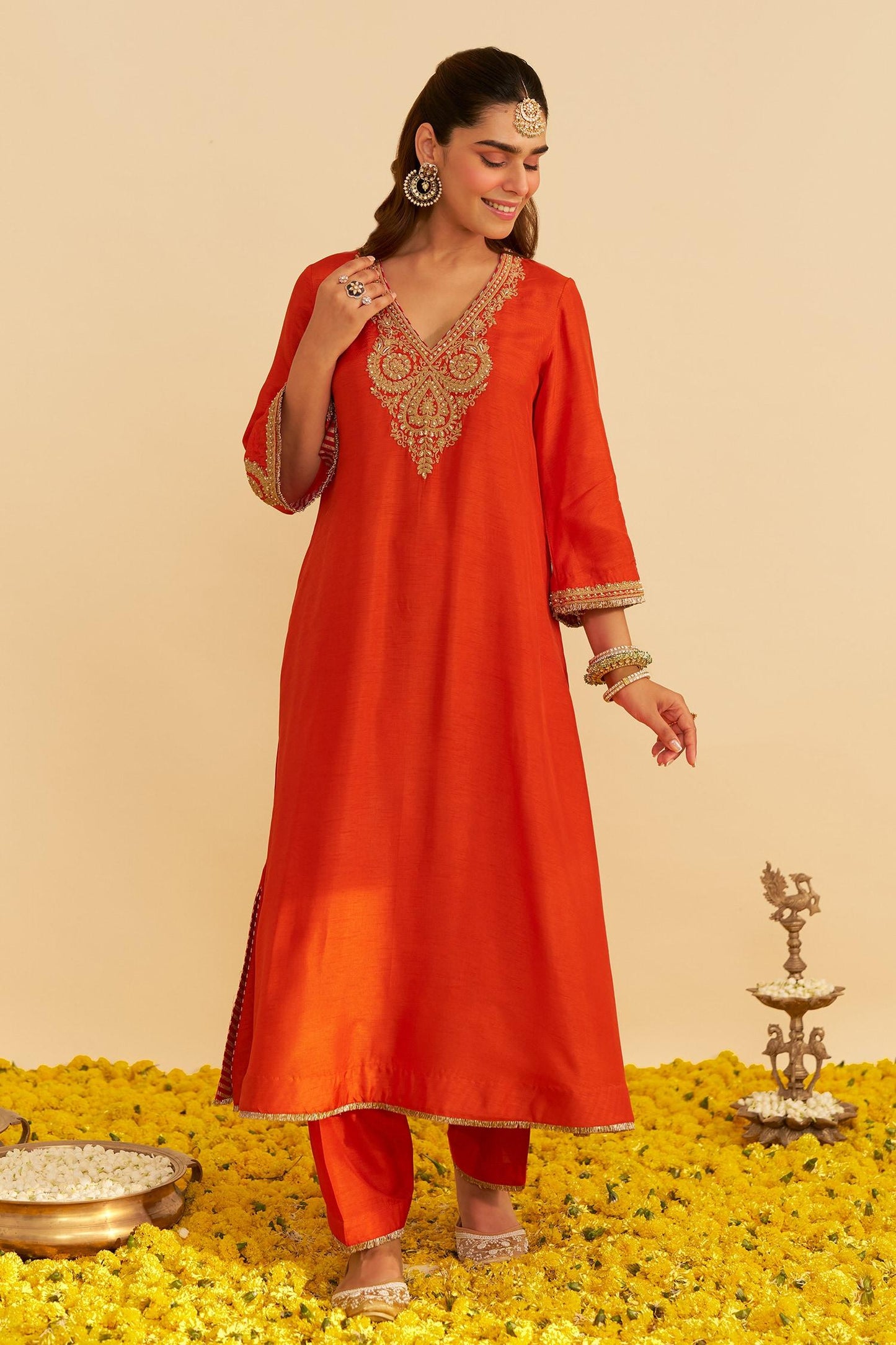 Orange Embroidery V-neck Haayat Kaftan With Salwar - Designer Kurta Set