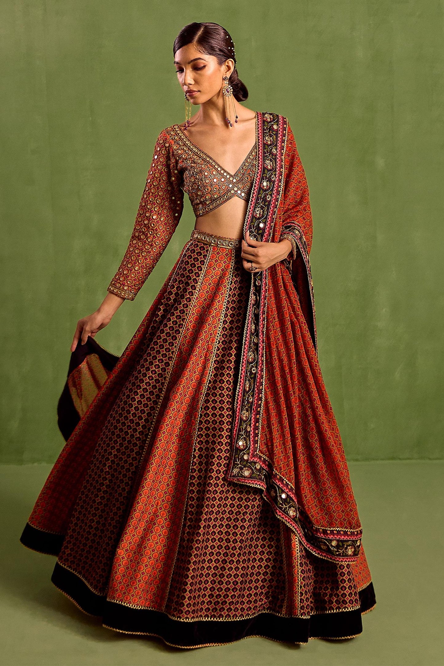 Orange Organza, Crepe, Viscose Floral Geometric Printed Panelled Lehenga Set - Designer Kurta Set
