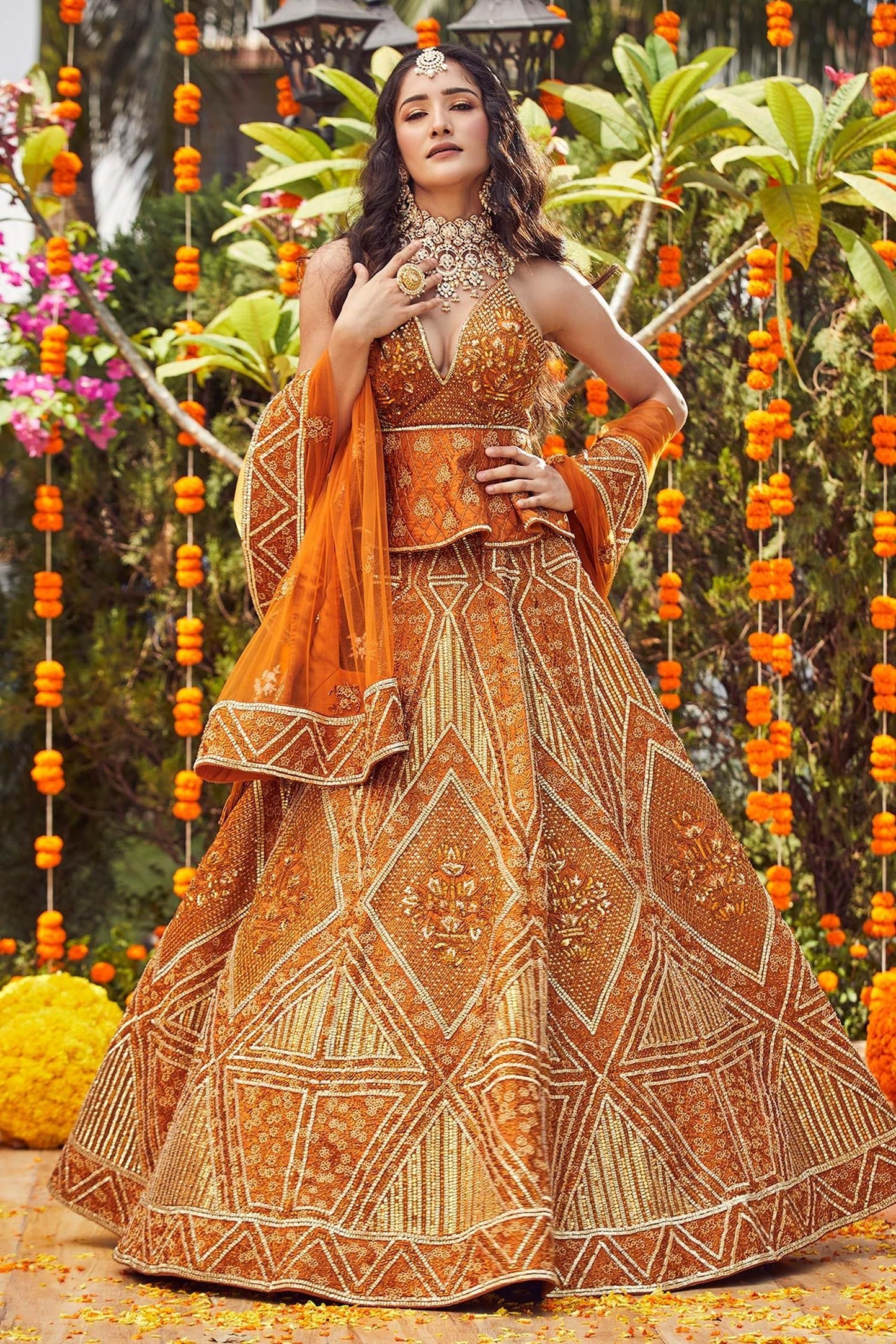 Orange Raw Silk Embroidered Bead Work Sweetheart Neck Peplum Choli Lehenga Set - Designer Kurta Set