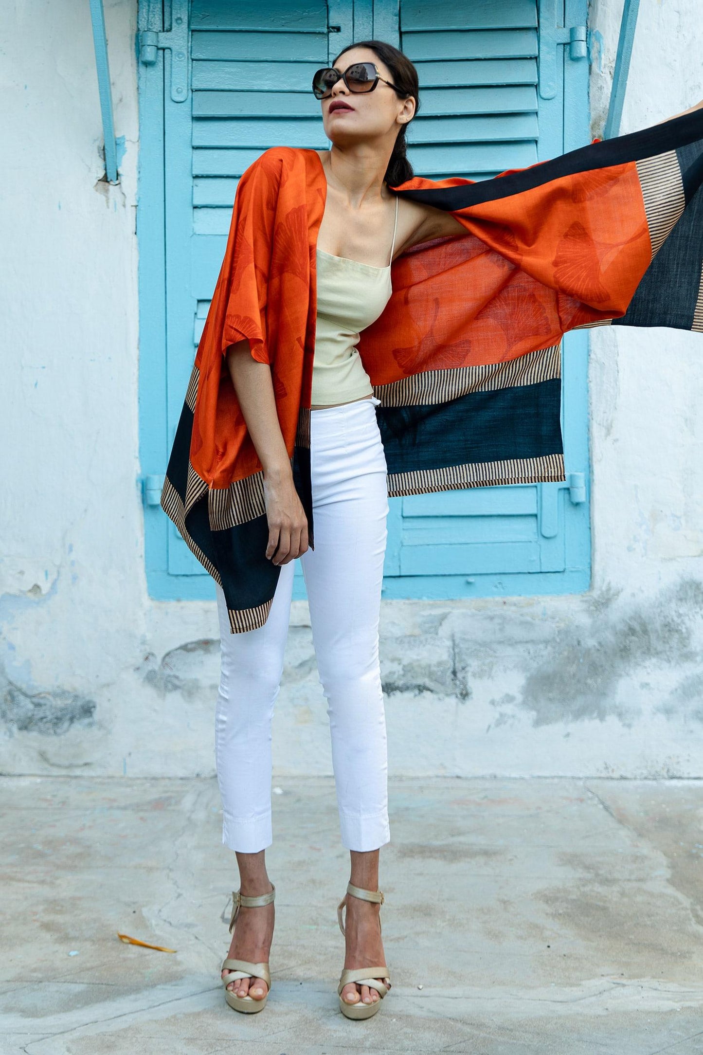 Orange Silk Embroidery Open Neck Leaf Block Print Kaftan - Designer Kurta Set