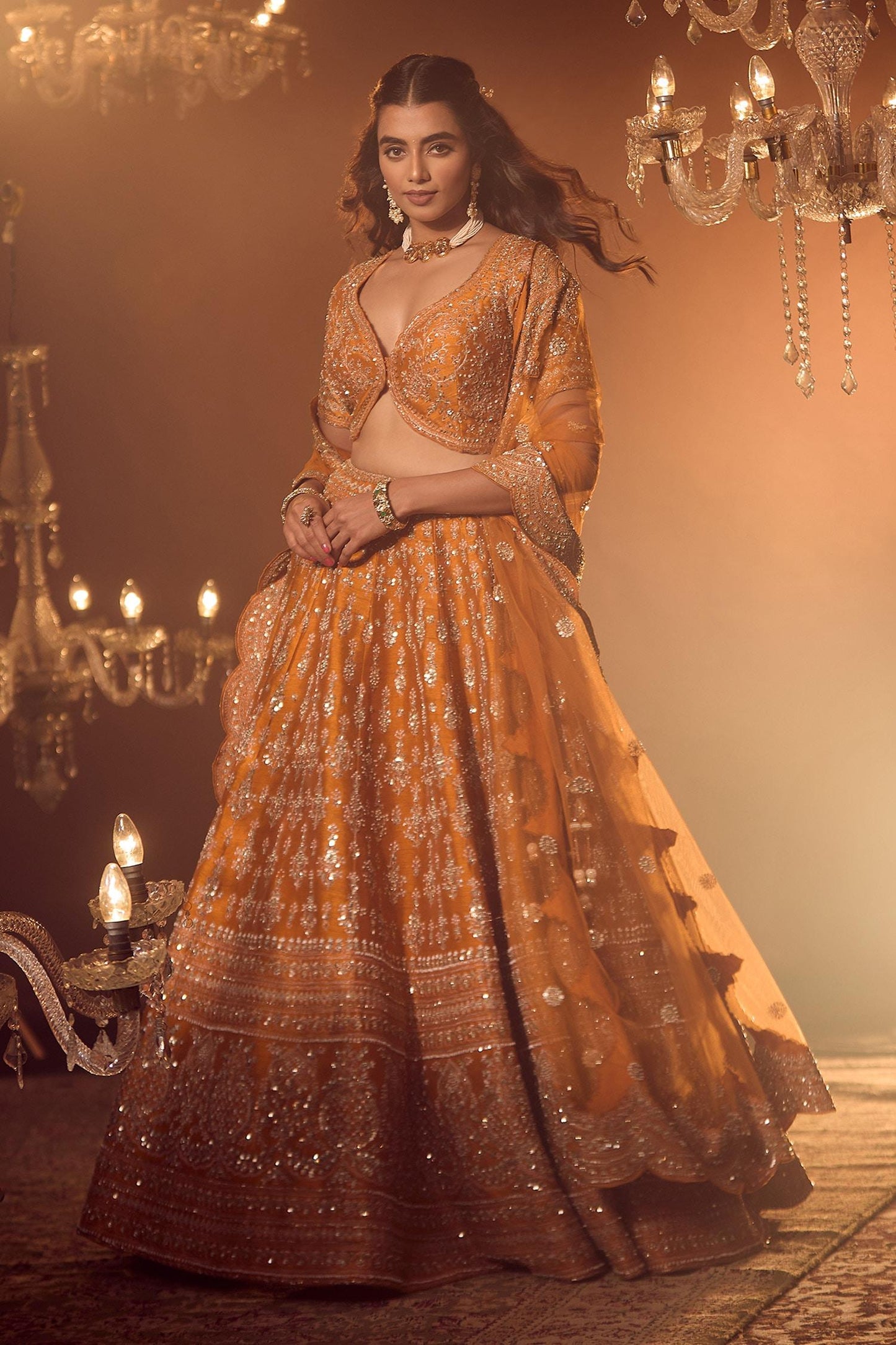 Orange Silk, Georgette Embroidery, Sequins, Floral Zardozi Bridal Lehenga Set - Designer Kurta Set