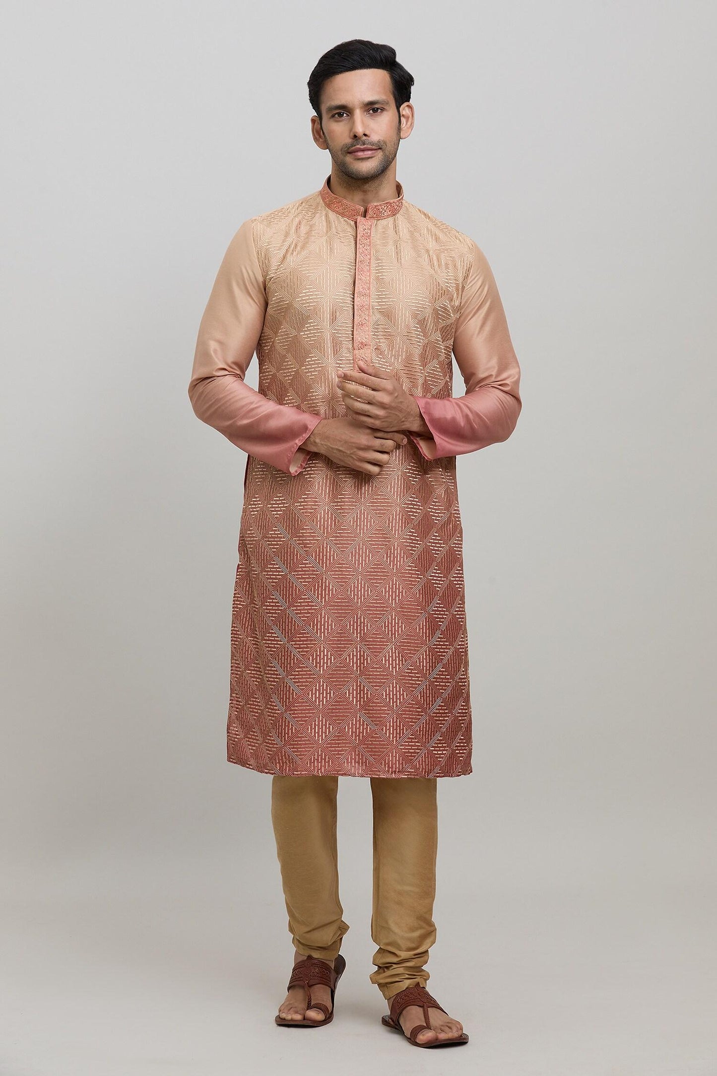 Kurta Set Orange Silk Polyester Embroidery Geometric Ombre