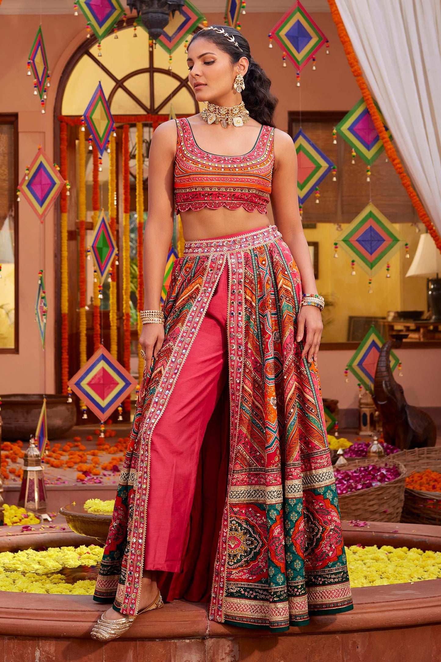 Orange Silk Sequins, Beads, Gota Gulnar Mughal Print Slit Lehenga Set With Pant - Designer Kurta Set