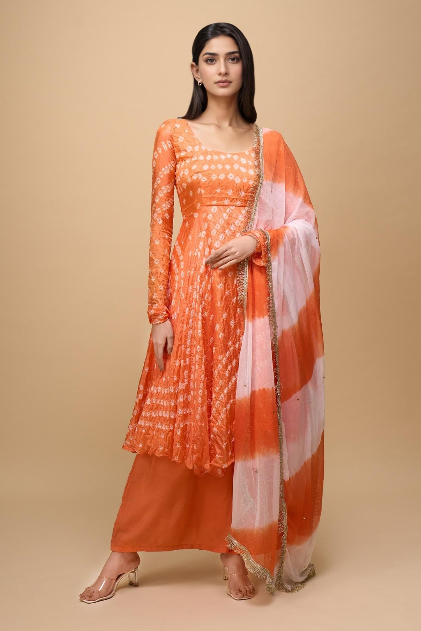 Orange Silk Square Neck Printed Anarkali Set - Designer Kurta Set