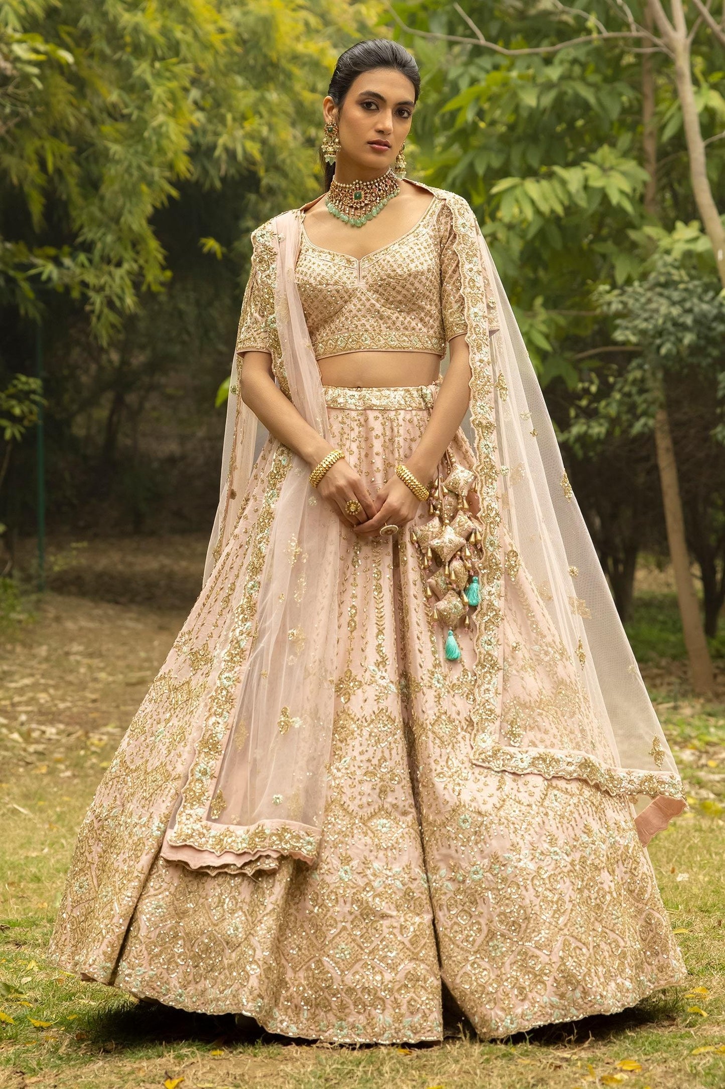 Peach Dupattas- Net, Lehenga And Blouse- Raw Silk Zardozi Embroidered Bridal Set - Designer Kurta Set