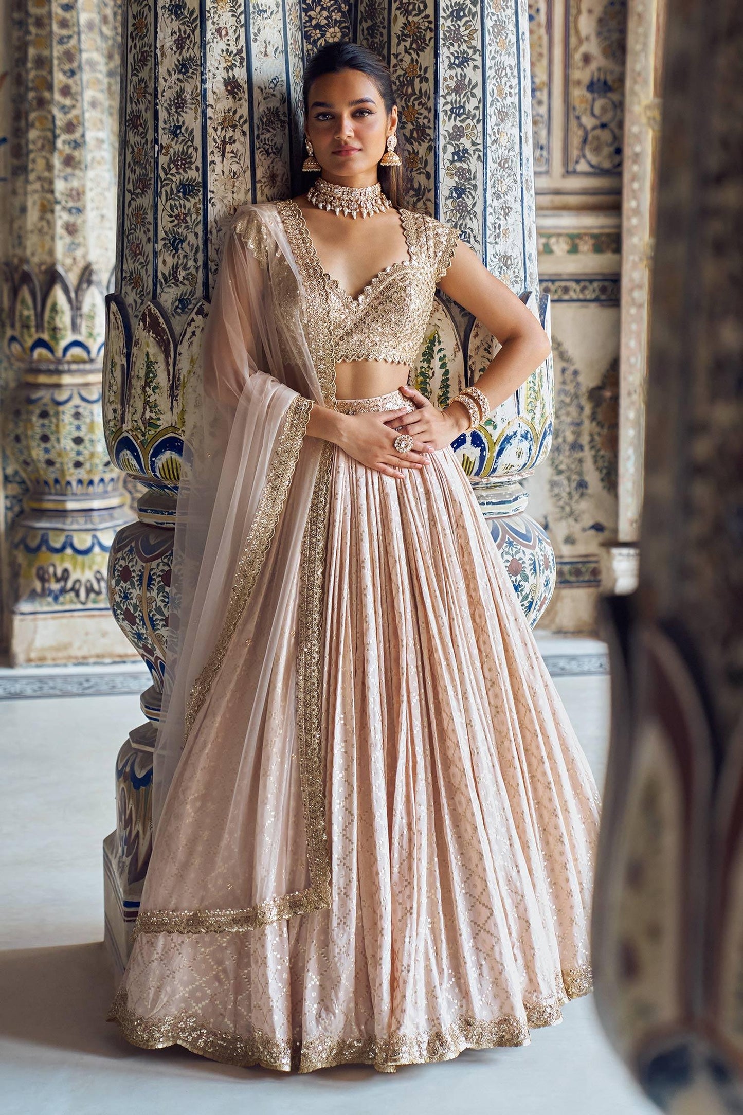 Pink Brocade Sequins, Zari, Embroidery Trellis Pattern Bridal Lehenga Set - Designer Kurta Set