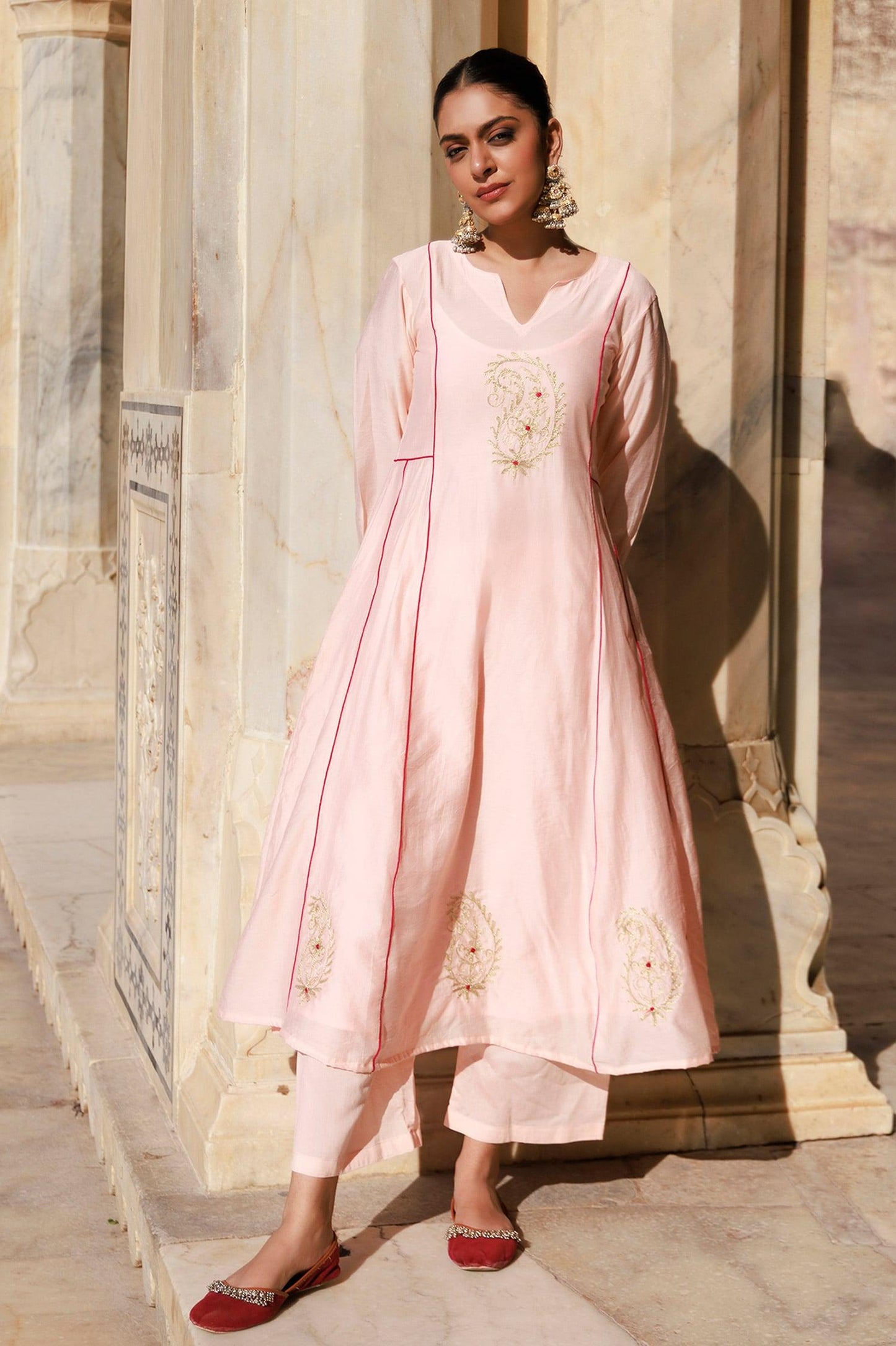 Pink Chanderi Embroidery Anarkali Set - Designer Kurta Set