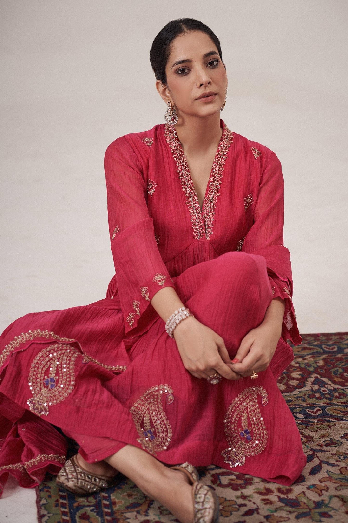 Pink Chanderi Embroidery V-neck Marodi Anarkali Pant Set - Designer Kurta Set