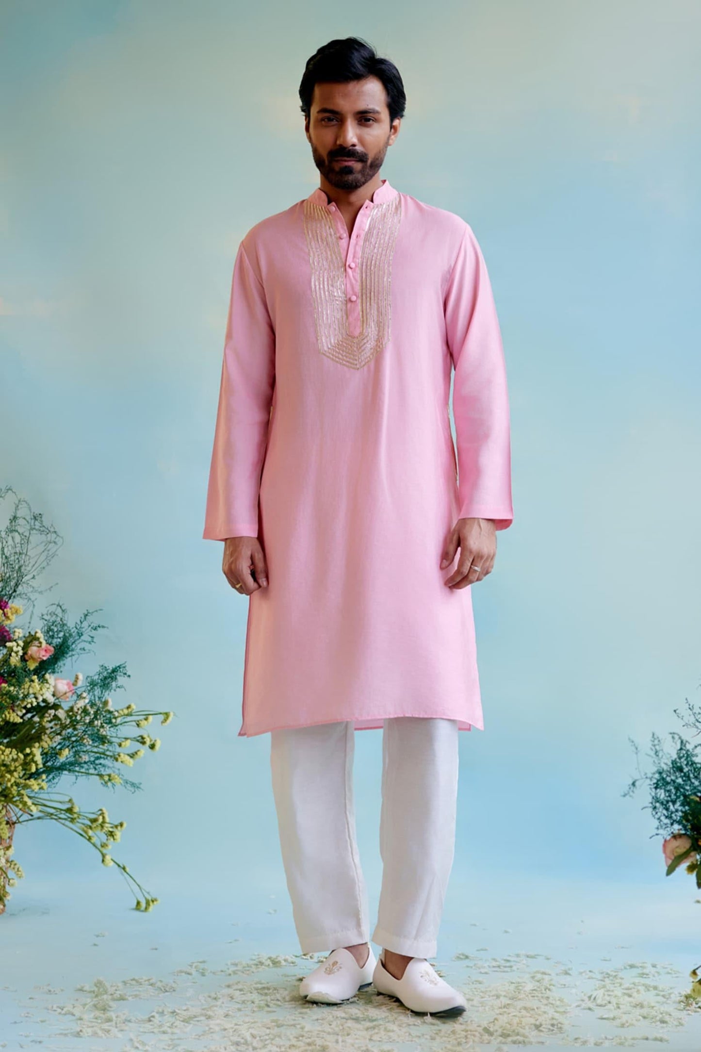 Kurta With Pant Pink Chanderi Gota Patti Lace Embellished