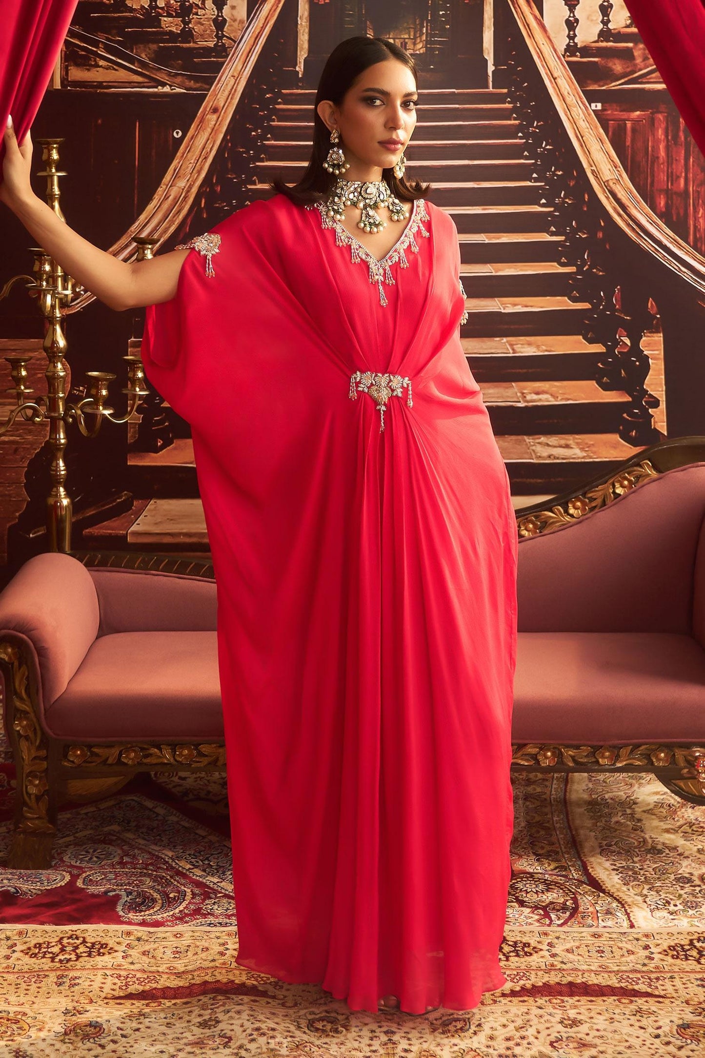 Pink Chiffon, Satin Beads, Cut Work Soni Tassel Embroidered Draped Kaftan - Designer Kurta Set