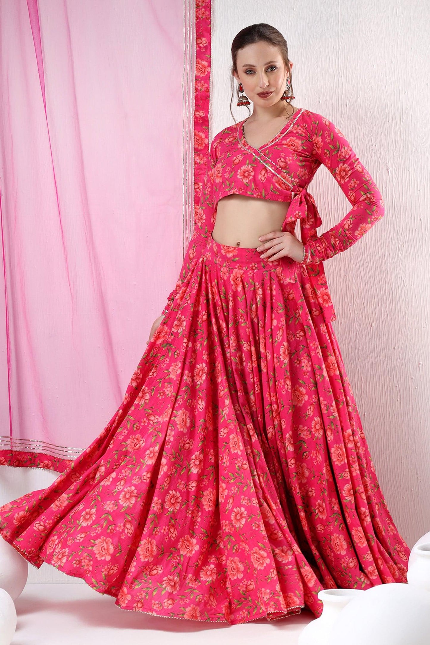 Pink Cotton, Organza Embroidery, Gota Patti Floral Pattern Blouse Lehenga Set - Designer Kurta Set