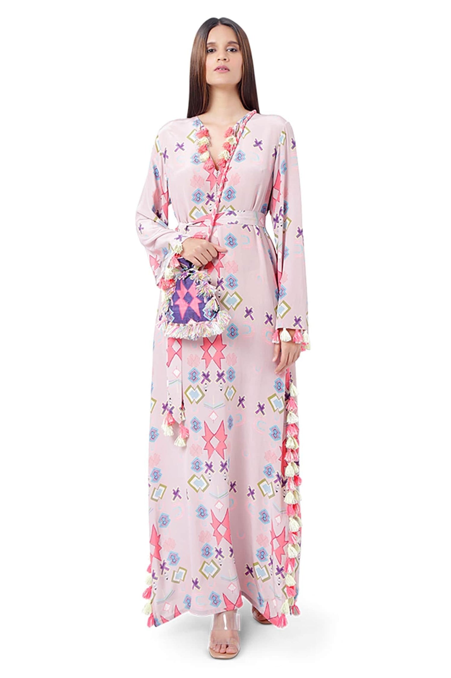 Pink Crepe Ikat Star Motif V Neck Print Kaftan - Designer Kurta Set