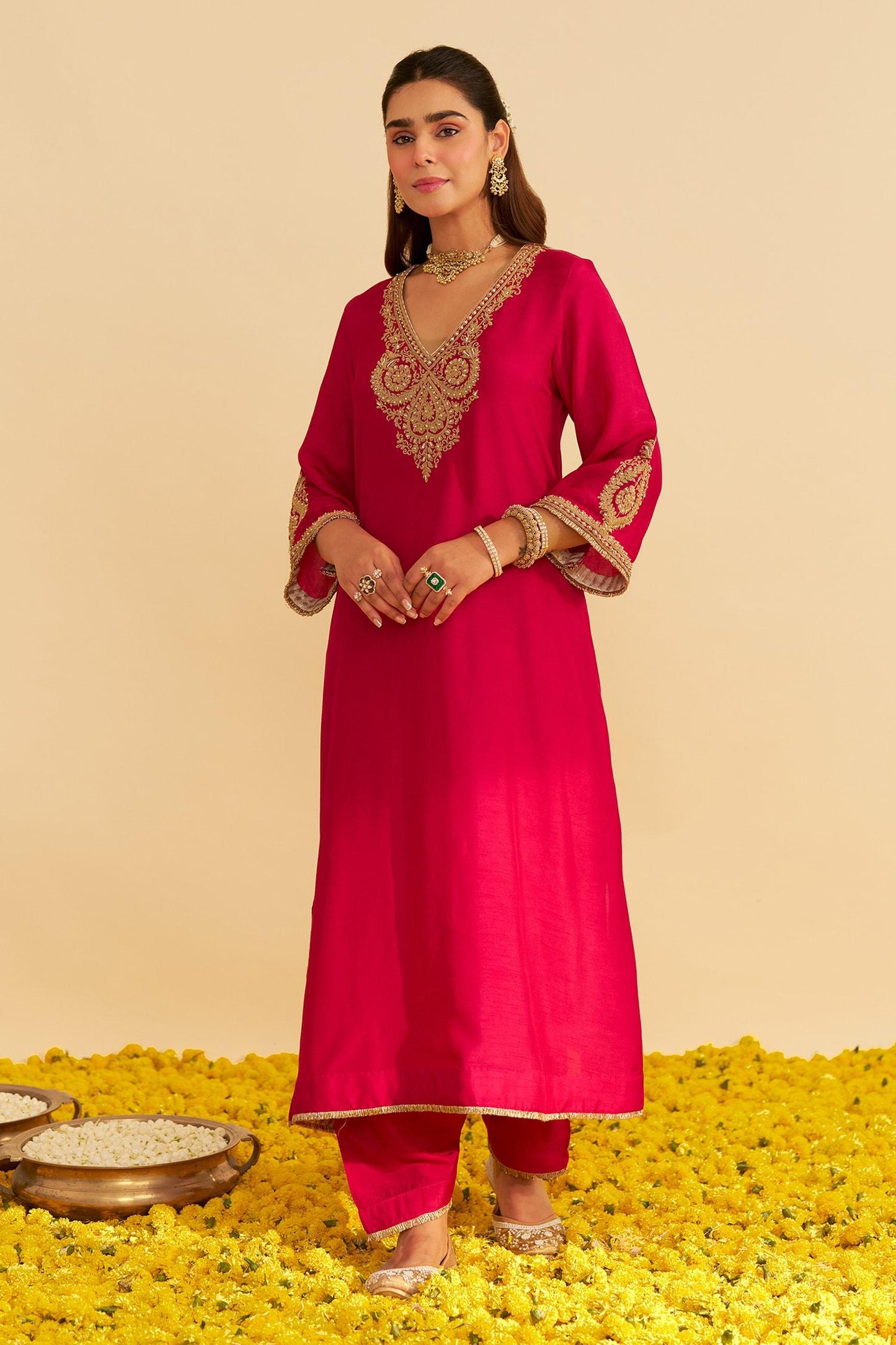 Pink Embroidery Round Neck Haayat Kaftan Set - Designer Kurta Set