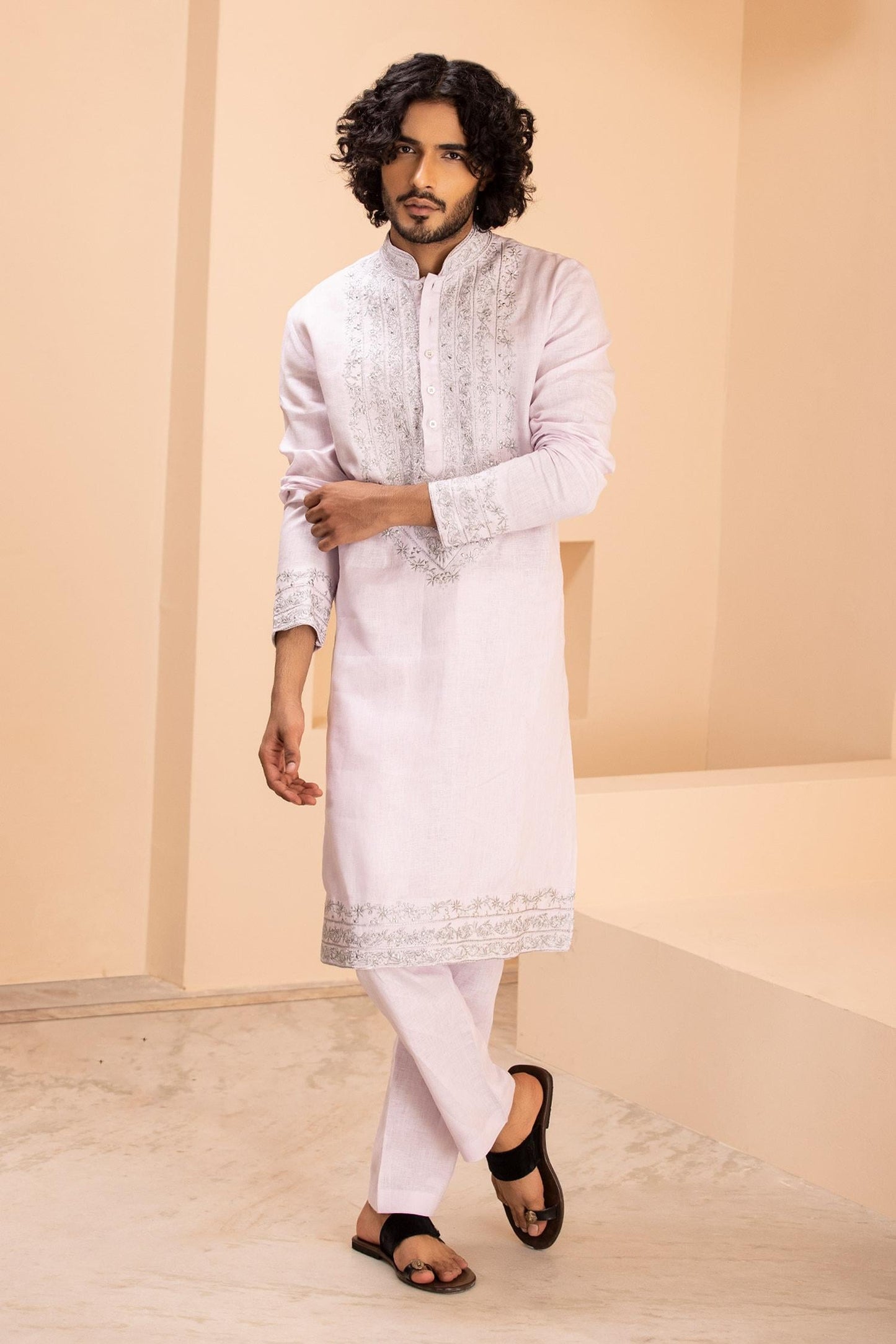 Kurta With Aligadhi Pink Linen Embroidered Zari Metal