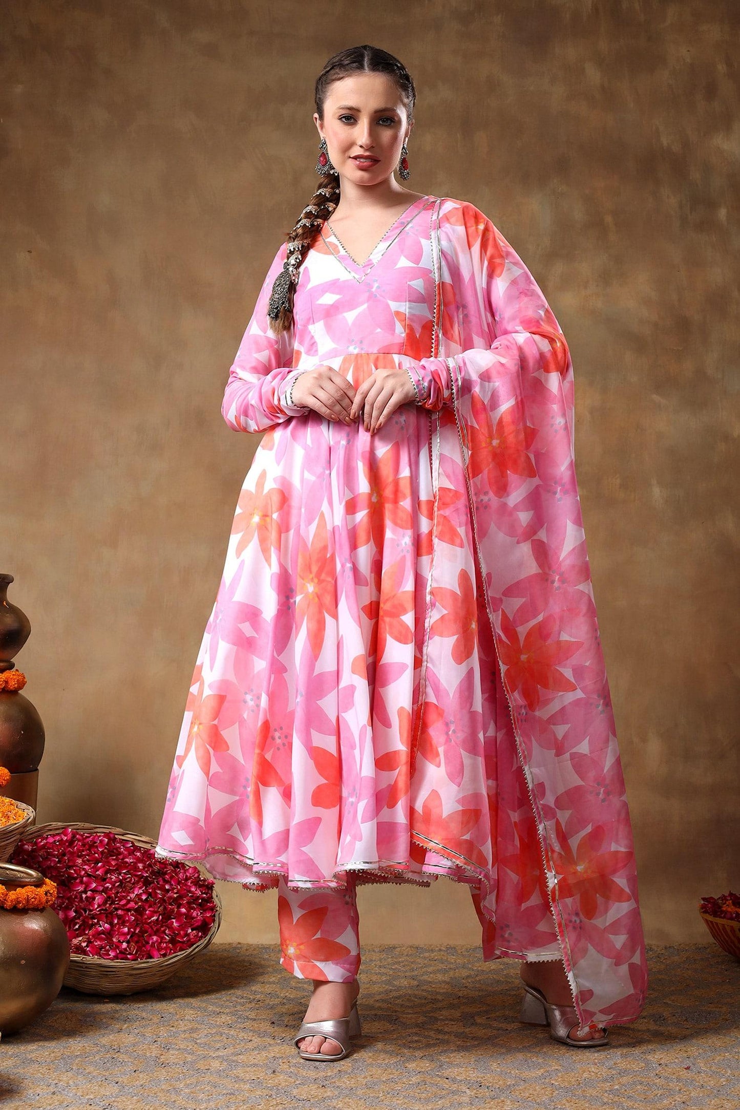 Pink Muslin, Organza Gota Patti, Embroidery V-neck Florette Print Anarkali Set - Designer Kurta Set