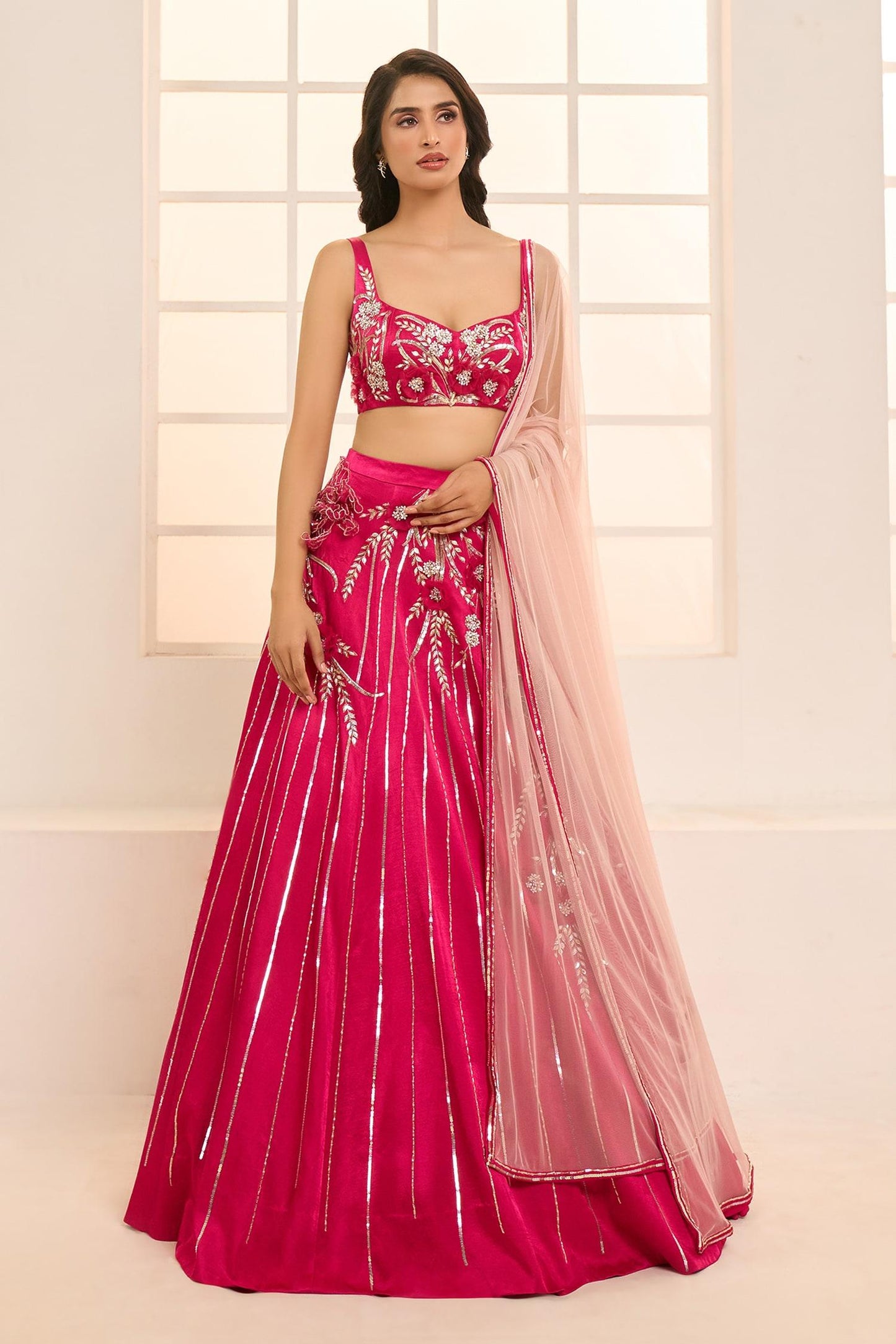Pink Net, Satin, Silk Embroidery Sweetheart Blooming Floral Bridal Lehenga Set - Designer Kurta Set