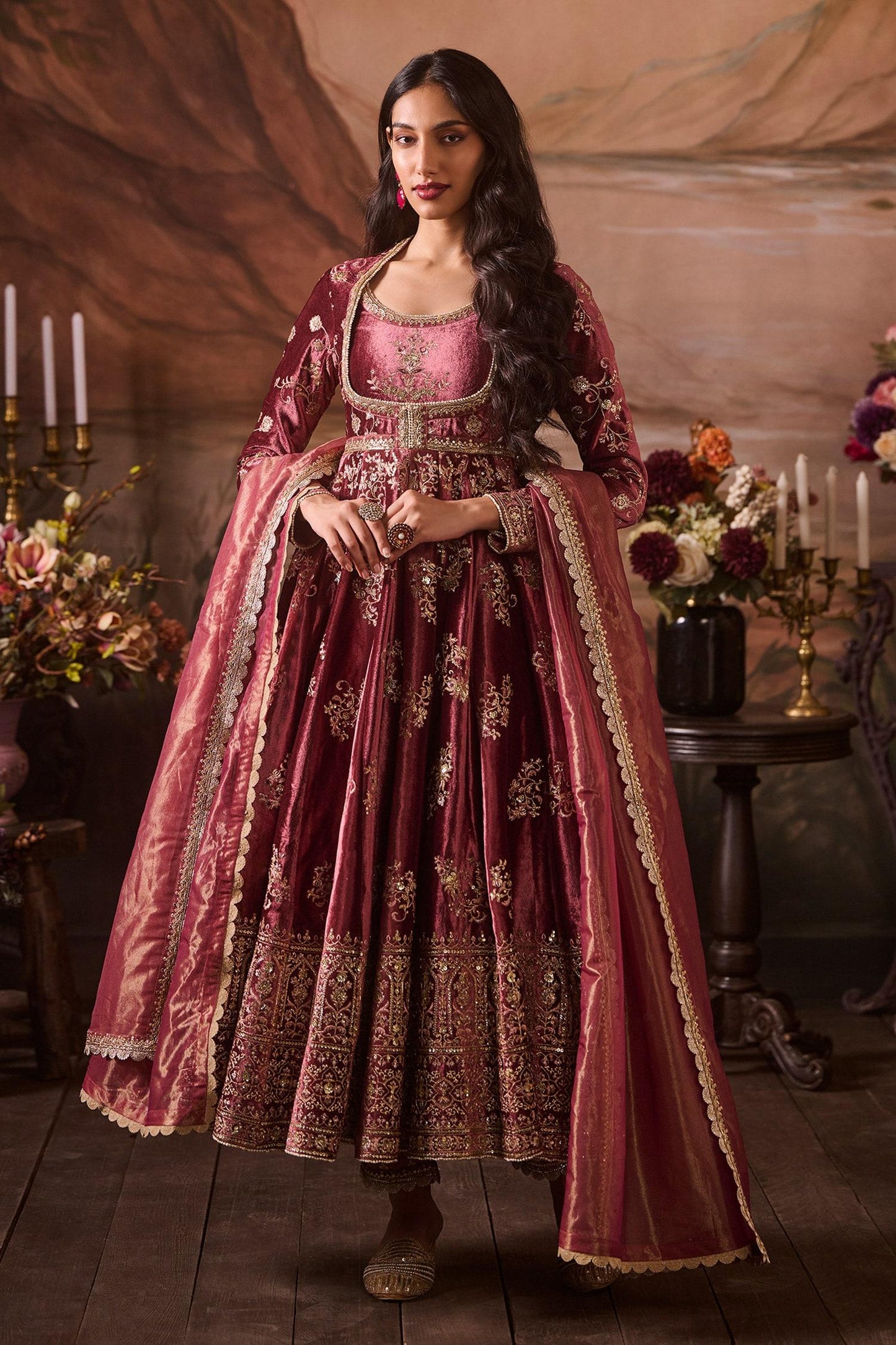 Pink Net, Velvet, Brocade Sequins, Zari, Embroidery Mughal Bahar Anarkali Set - Designer Kurta Set