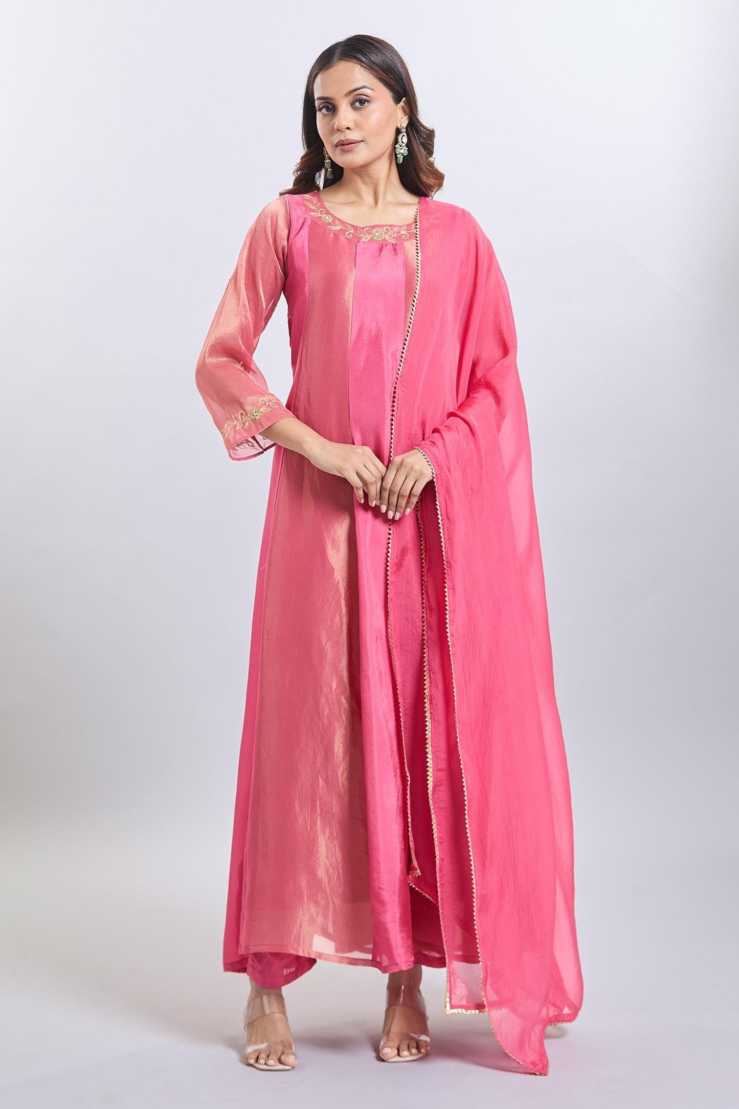 Pink Organza Embroidery Round Neck Upada Silk Anarkali Set - Designer Kurta Set
