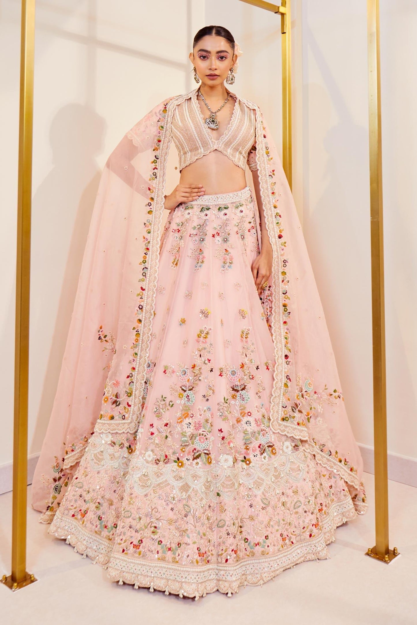 Pink Organza Pearls, Diamonds, Zari, Embroidery Plunge Pastel Dori Lehenga Set - Designer Kurta Set