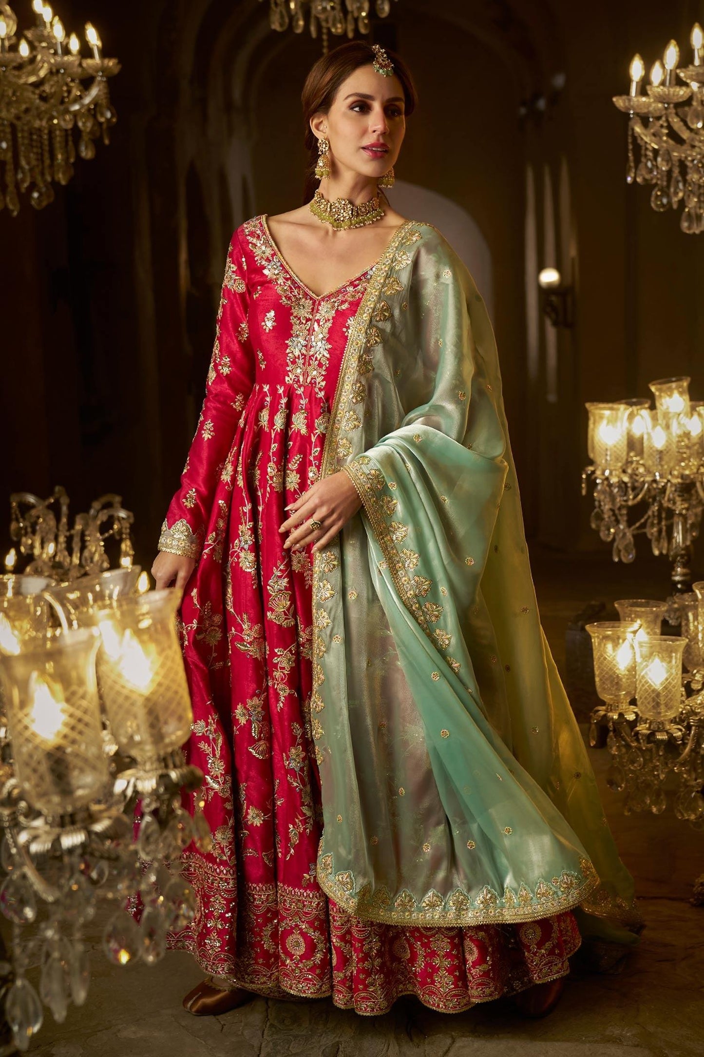 Pink Organza, Satin, Linen Sequins, Zari, Anarkali Contrast Dupatta Set - Designer Kurta Set