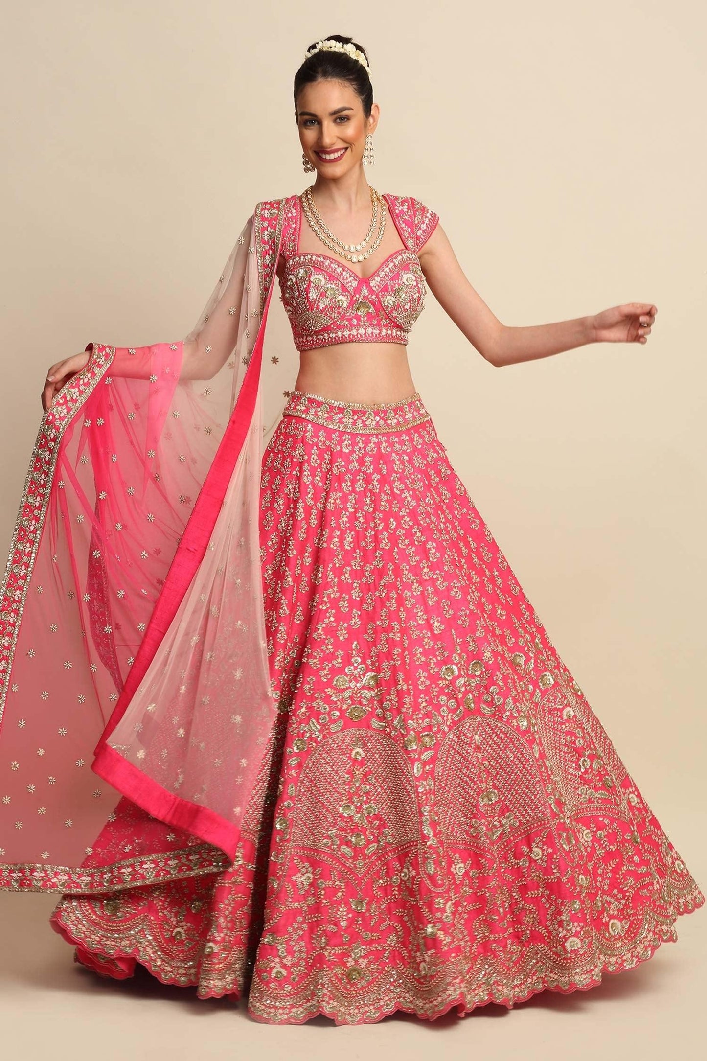 Pink Raw Silk, Net Floral Motifs, Dabka Work, Embroidered Bridal Lehenga Set - Designer Kurta Set